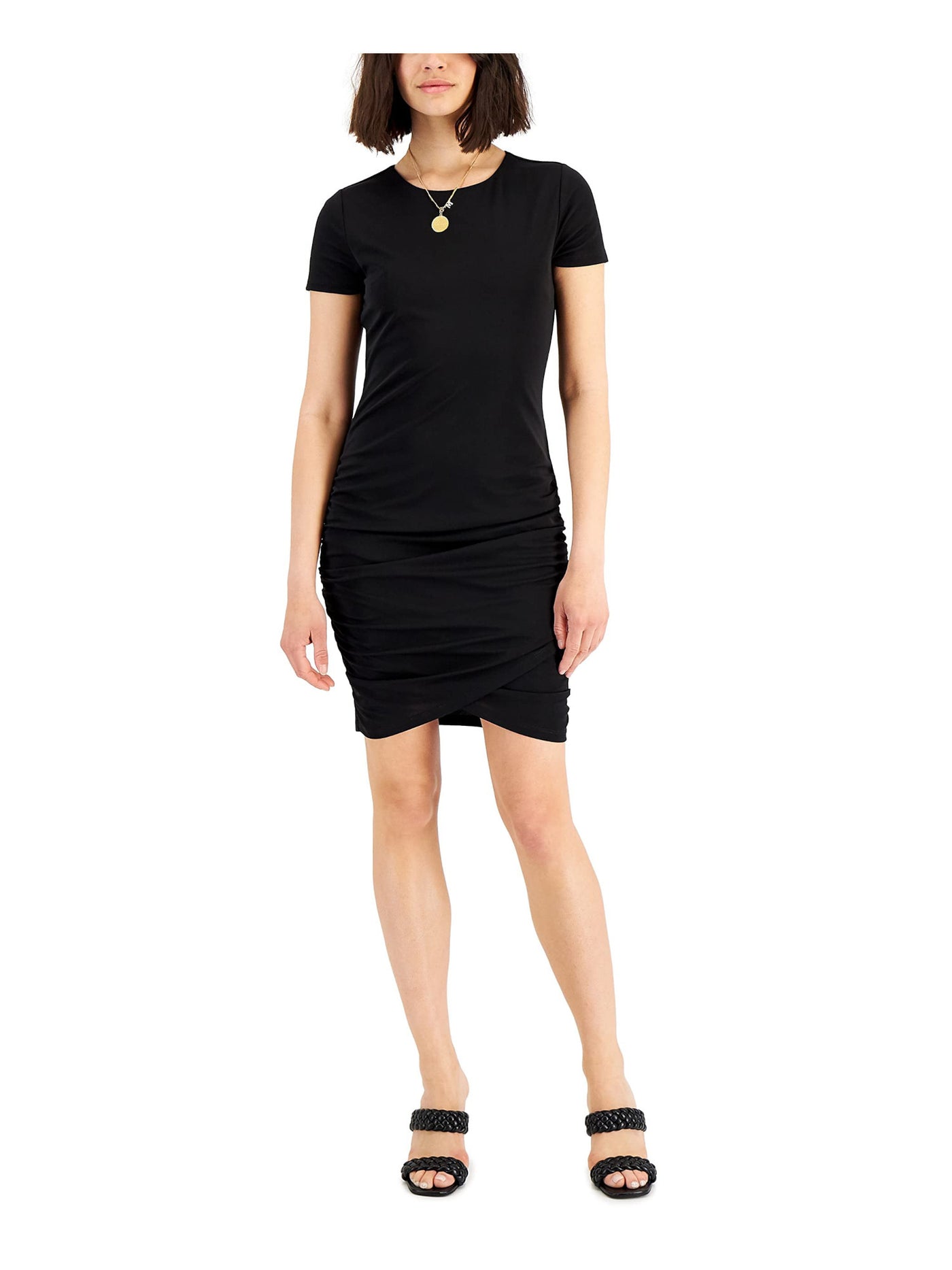 INC Womens Black Ruched Lined Pullover Short Sleeve Crew Neck Above The Knee Sheath Dress XS