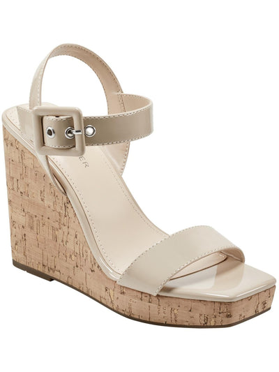 MARC FISHER Womens Ivory 1 Cork Wedge Goring Padded Adjustable Ankle Strap Lukey Square Toe Wedge Buckle Dress Heeled Sandal 7 M
