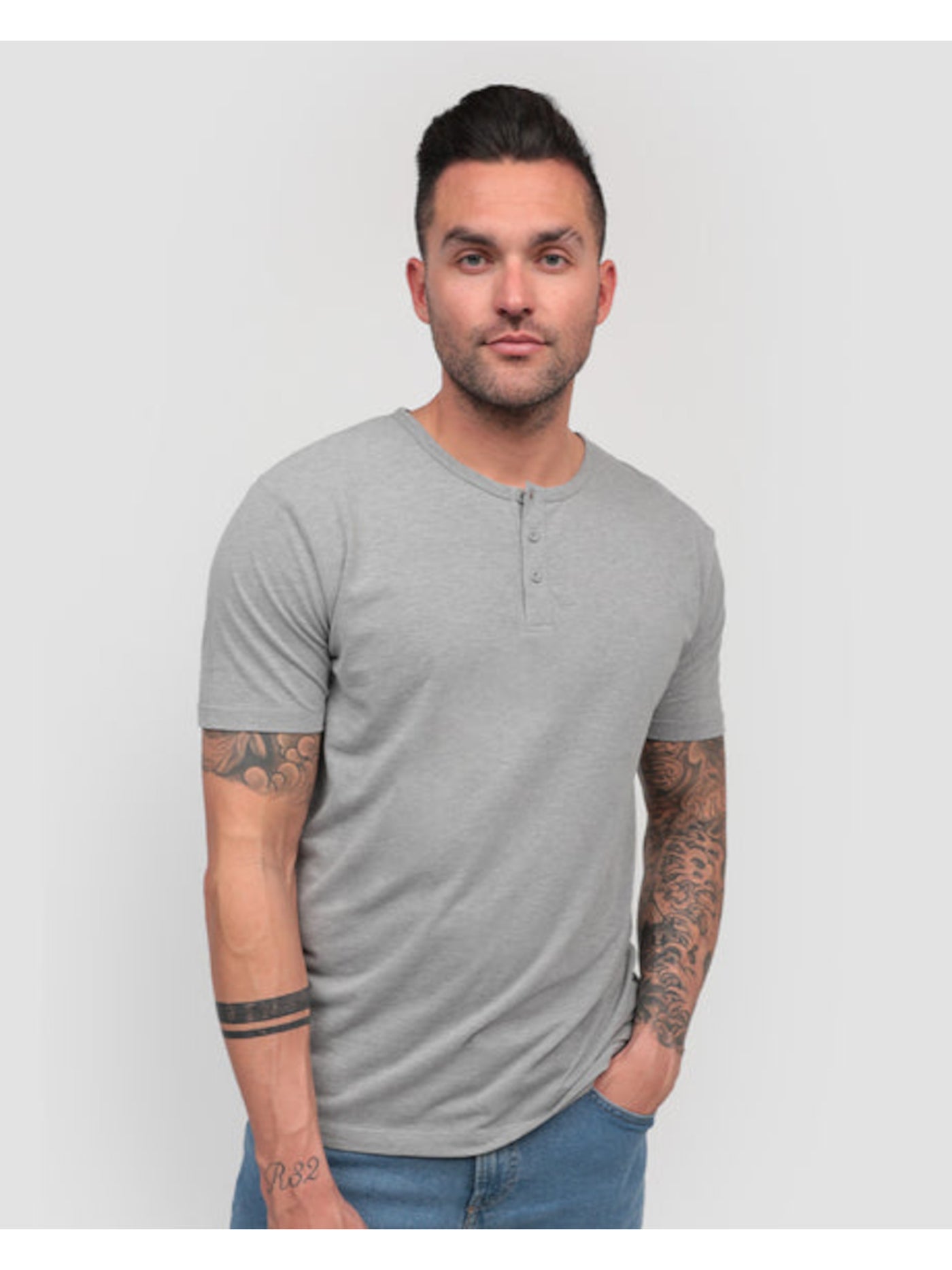 INC Mens Gray Heather Short Sleeve Classic Fit Henley Shirt M