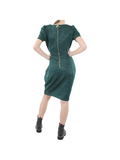 CALVIN KLEIN Womens Green Glitter Zippered Pleated Unlined Pouf Sleeve Scoop Neck Knee Length Evening Sheath Dress 2