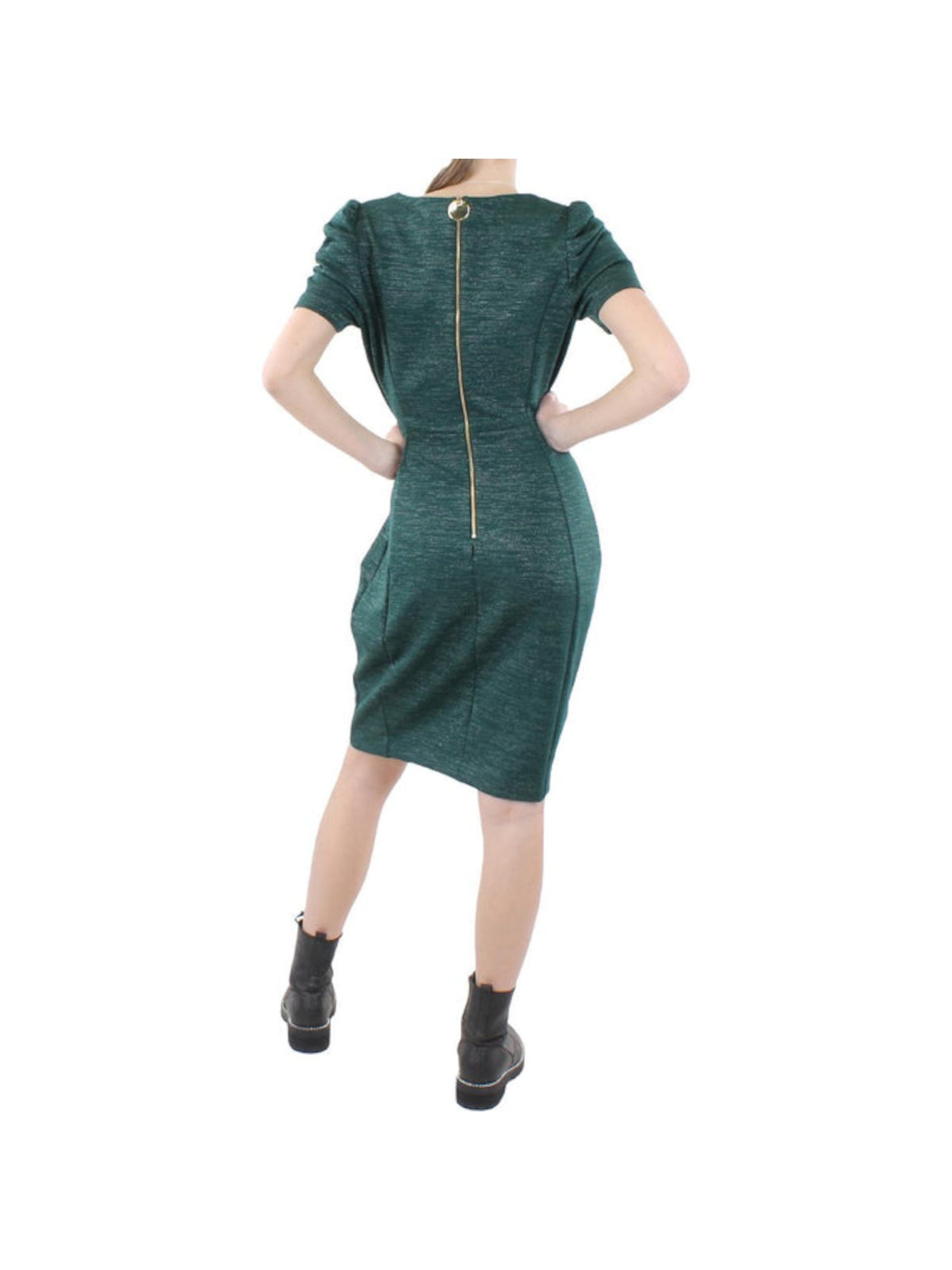 CALVIN KLEIN Womens Green Glitter Zippered Pleated Pouf Sleeve Scoop Neck Knee Length Evening Sheath Dress 4