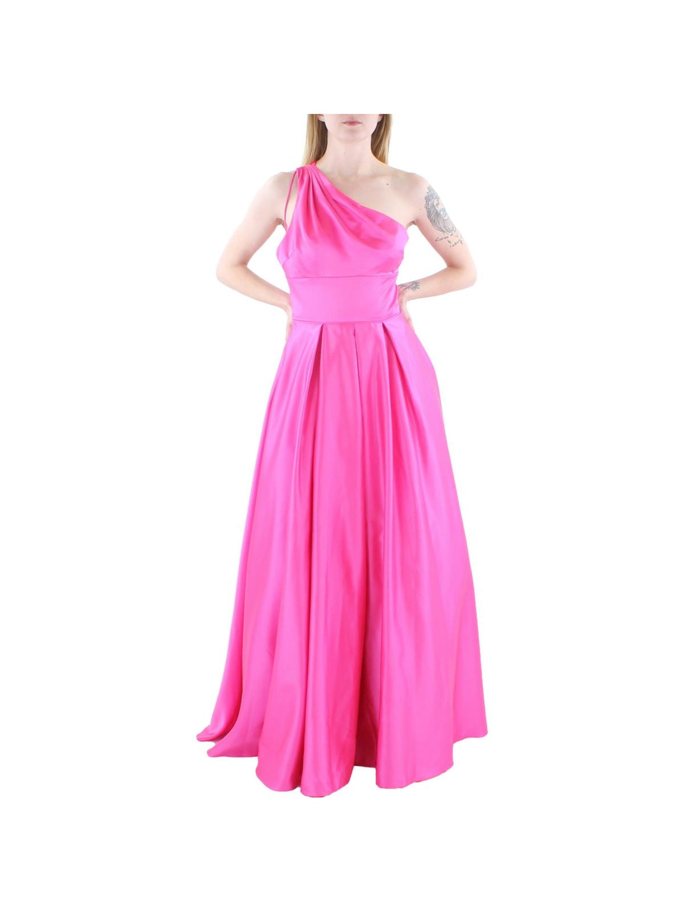 BLONDIE NITES Womens Pink Zippered Pocketed Pleated Lined Tulle Sleeveless Asymmetrical Neckline Full-Length Formal Gown Dress Juniors 11