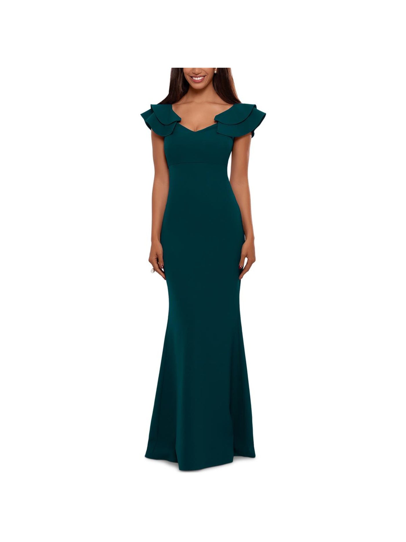 BETSY & ADAM Womens Green Zippered Fitted Lined Ruffled Strap V Neck Full-Length Evening Gown Dress 4