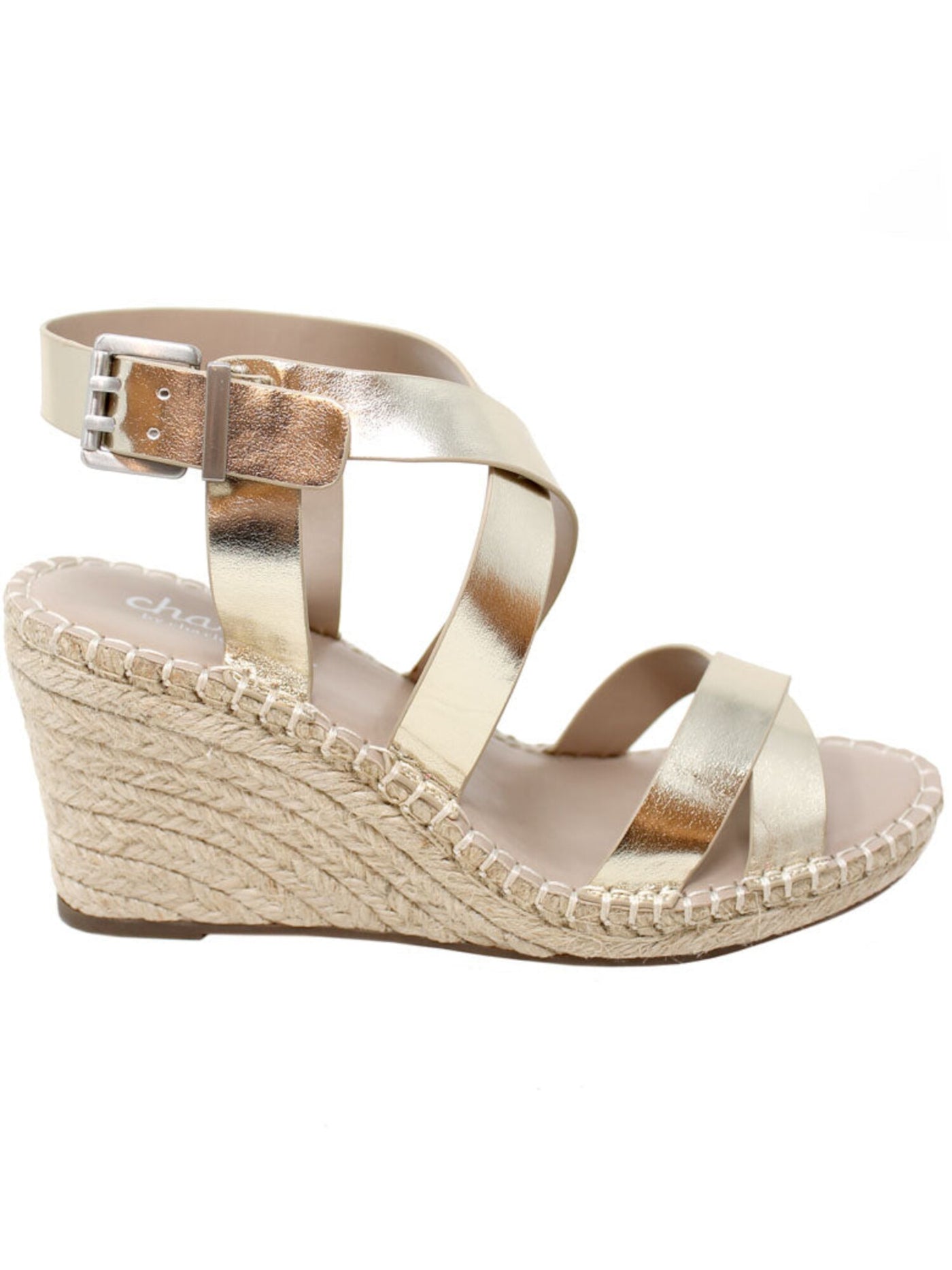 CHARLES BY CHARLES DAVID Womens Gold Metallic Padded Woven Jute Stretch Strappy Noteworthy Round Toe Wedge Buckle Espadrille Shoes M