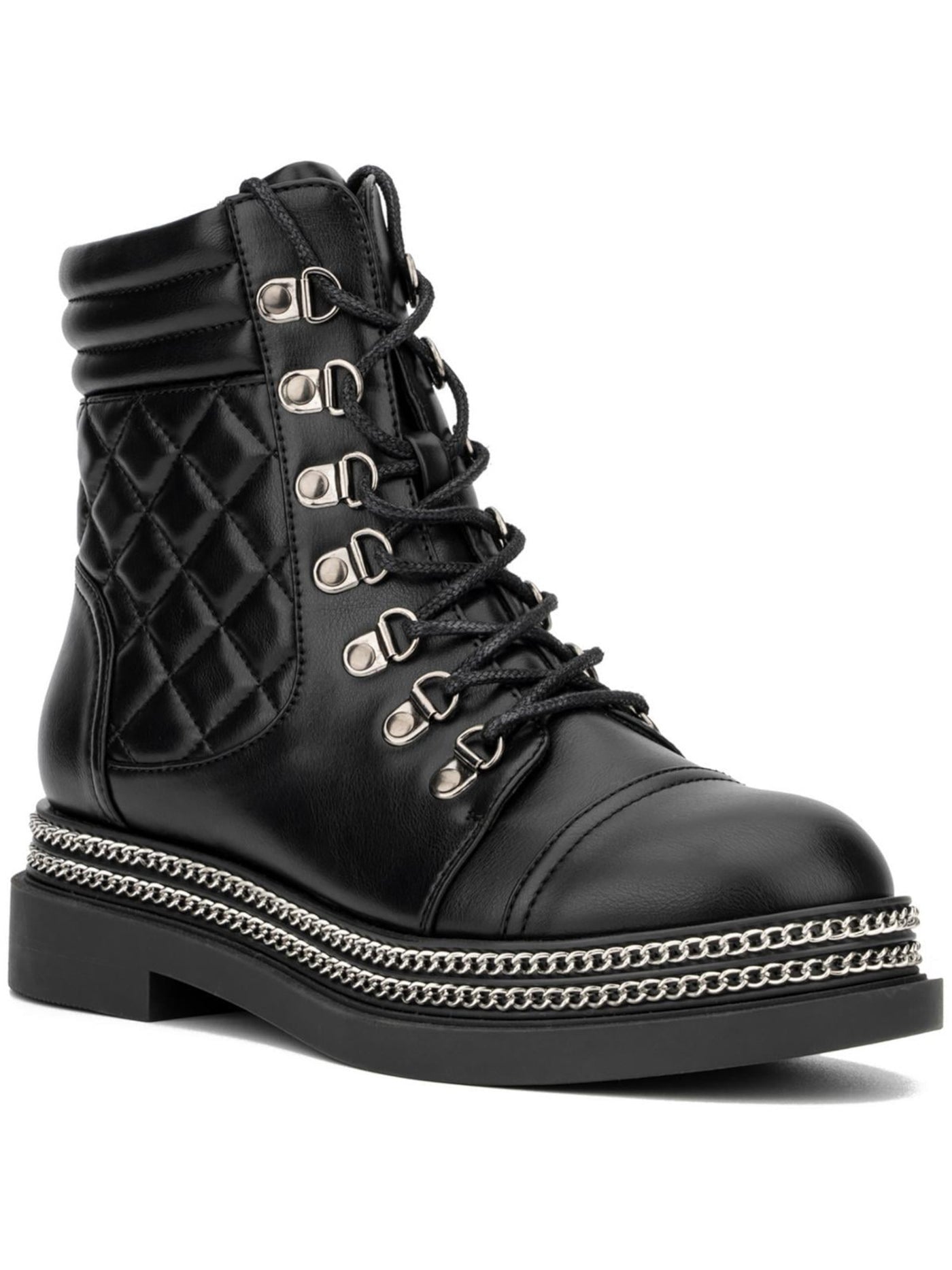 NEW YORK & CO Womens Black Quilted Back Chain Detail Lace Up Padded Cuff Padded Katelynn Round Toe Block Heel Zip-Up Combat Boots 10