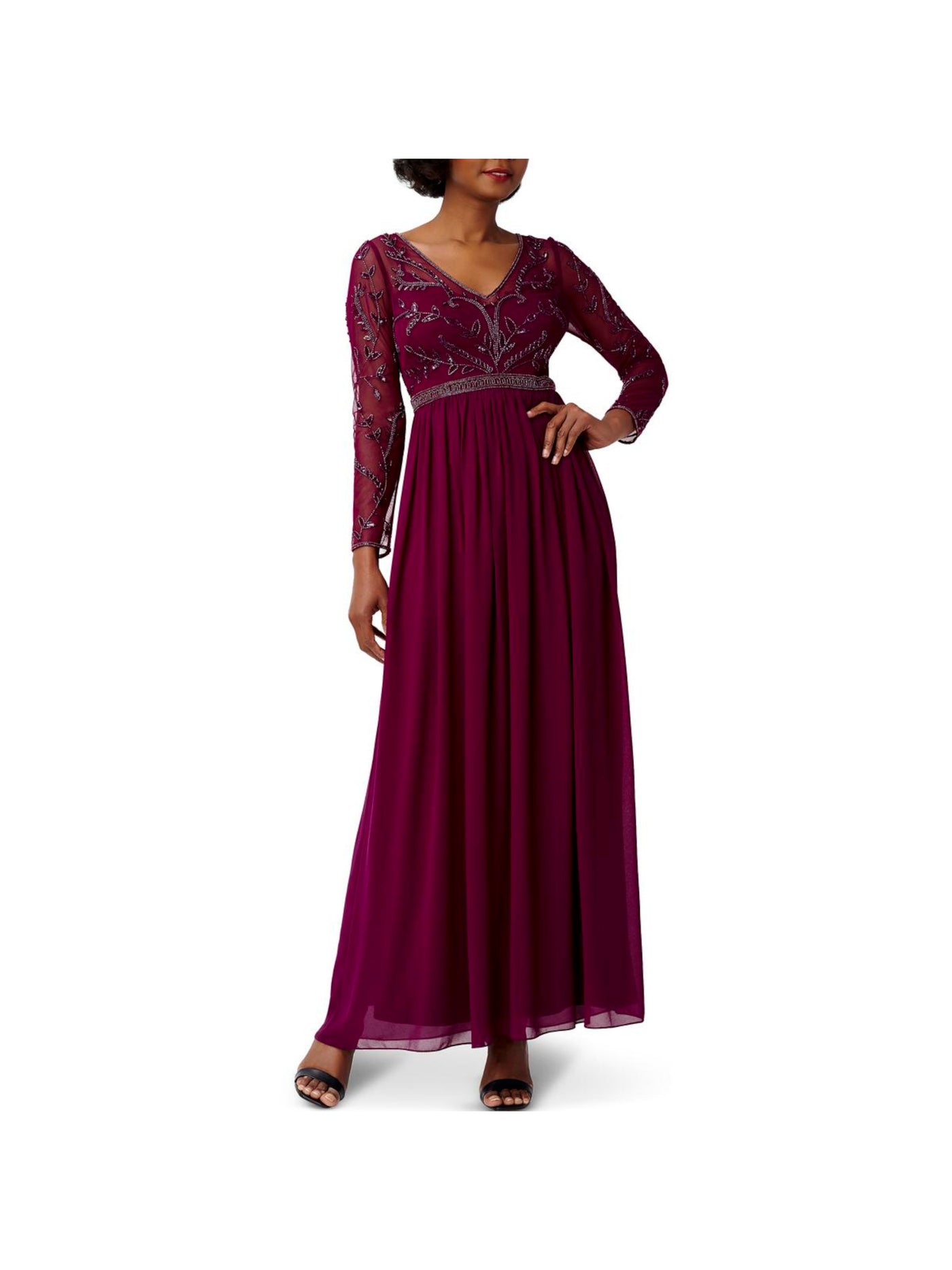 ADRIANNA PAPELL Womens Burgundy Zippered Lined Beaded Bodice Long Sleeve V Neck Maxi Formal Gown Dress 6