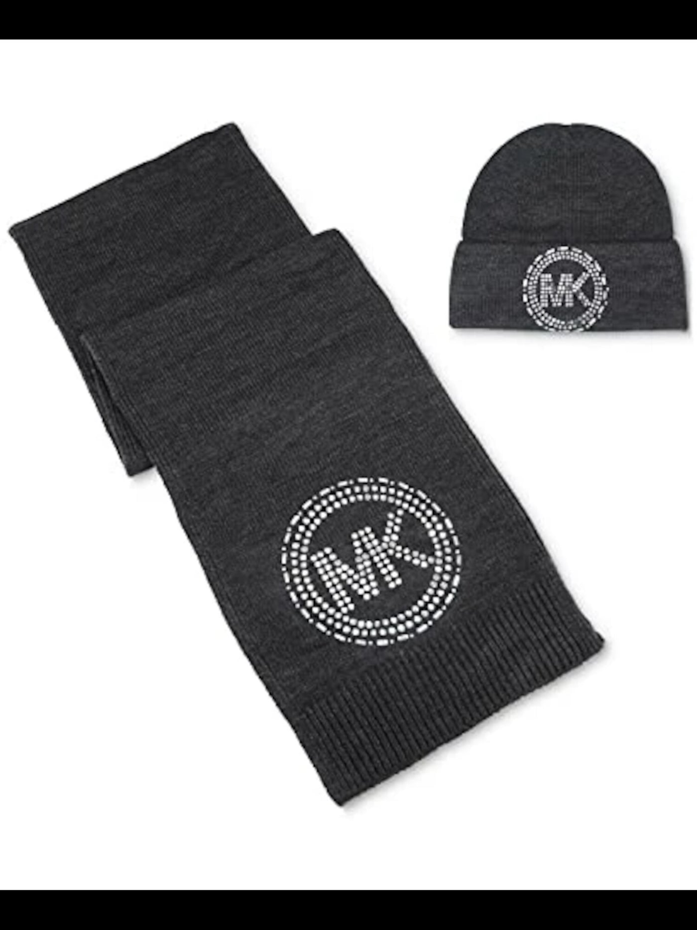 MICHAEL KORS Womens Gray Logo Mirror Stud Matching Wrap Scarf Set Winter Beanie Hat Cap