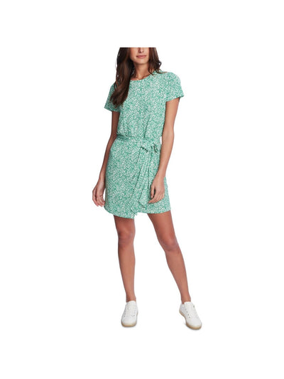1. STATE Womens Green Stretch Floral Short Sleeve Round Neck Above The Knee Sheath Dress Plus 2X