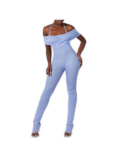 GRAYSCALE Womens Light Blue Zippered Tie Crossover Top Bodycon Cap Sleeve Off Shoulder Cocktail Skinny Jumpsuit XS