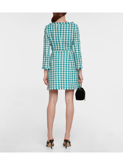 OSCAR DE LA RENTA Womens Teal Fringed Zippered Lined Pleated Houndstooth Above The Knee Wear To Work A-Line Skirt 12