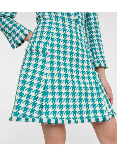 OSCAR DE LA RENTA Womens Teal Fringed Zippered Lined Pleated Houndstooth Above The Knee Wear To Work A-Line Skirt 12
