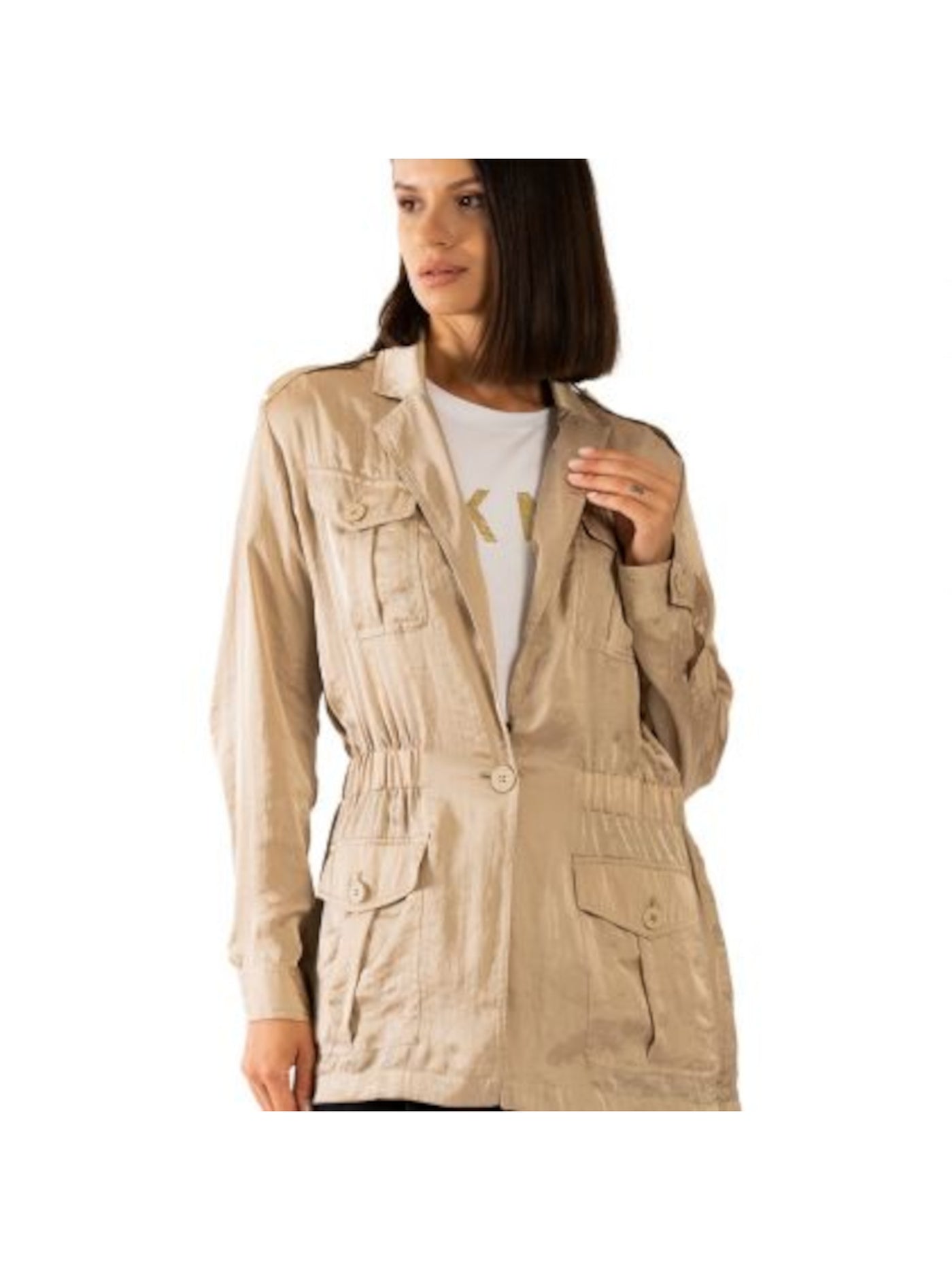 DKNY Womens Gold Pocketed Utility Unlined Button Front Jacket XL
