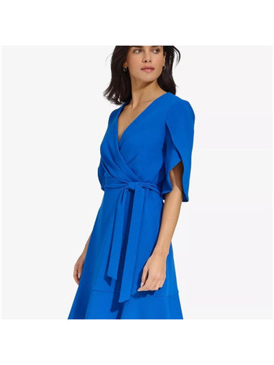 CITY STUDIO Womens Blue Stretch Lined Pleated Floral Sleeveless V Neck Mini Party Fit + Flare Dress 7