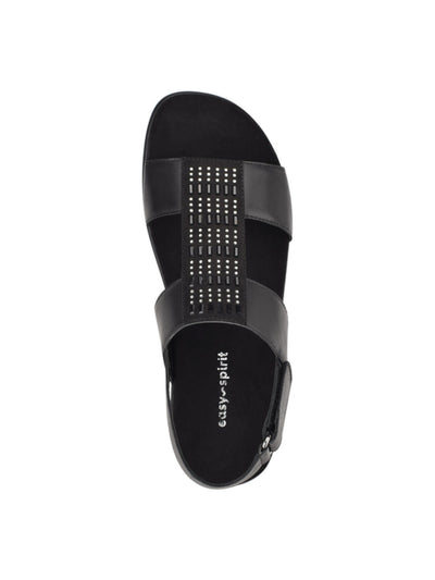 EASY SPIRIT Womens Black Mixed Media Adjustable Arch Support  Comfort Rhinestone Metallic Hazel Round Toe Wedge Slingback Sandal 7 M