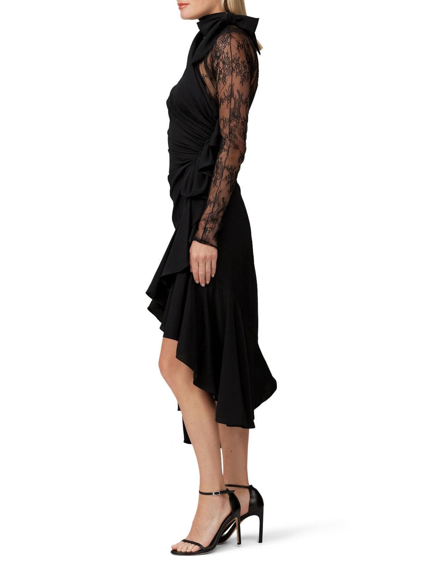 PHILOSOPHY Womens Black Lace Ruched Ruffled Long Sleeve Tie Neck Midi Evening Hi-Lo Dress 8