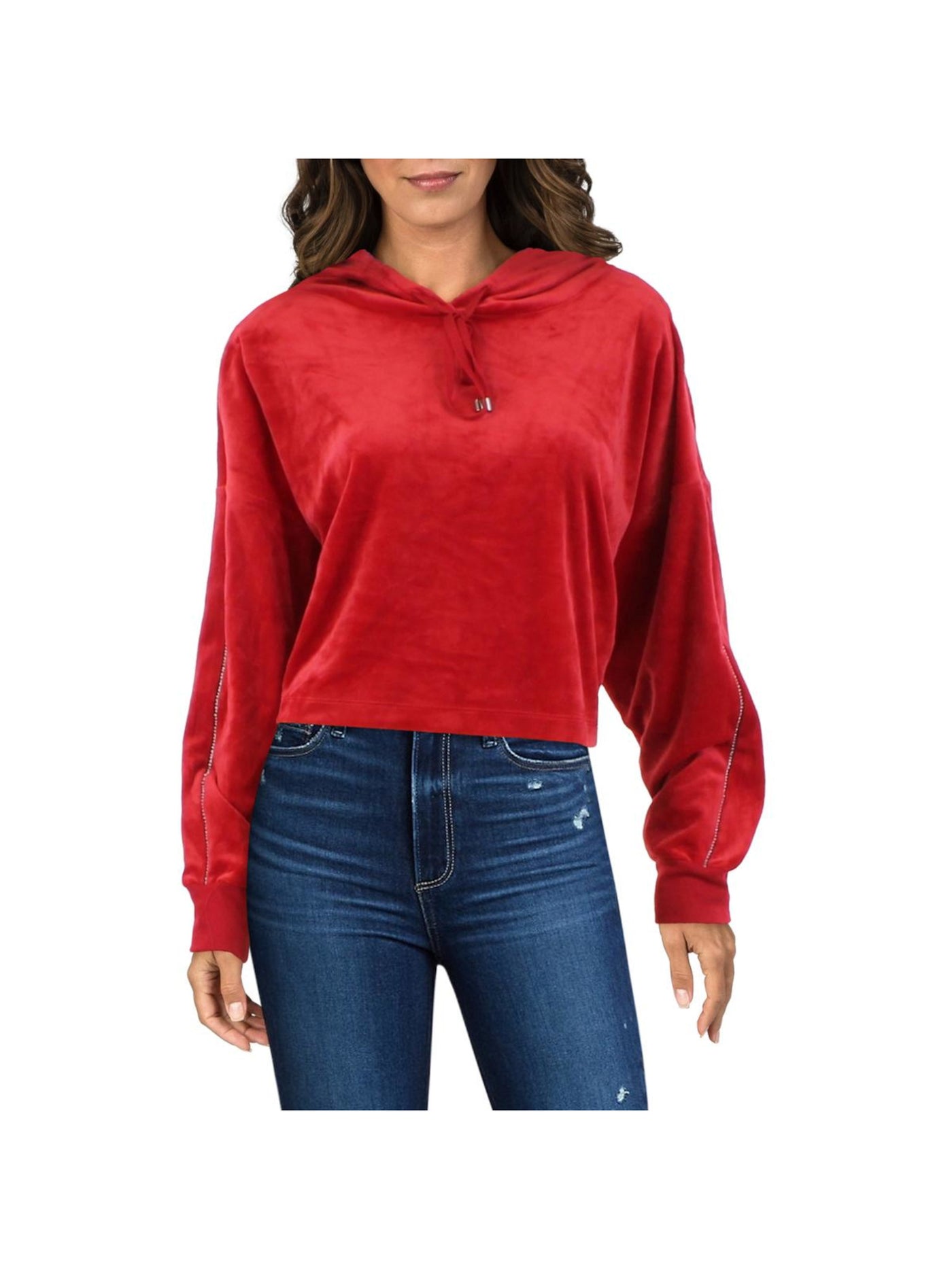 DKNY Womens Red Embellished Short Length Drawstring Pull-over Long Sleeve Hoodie Top L