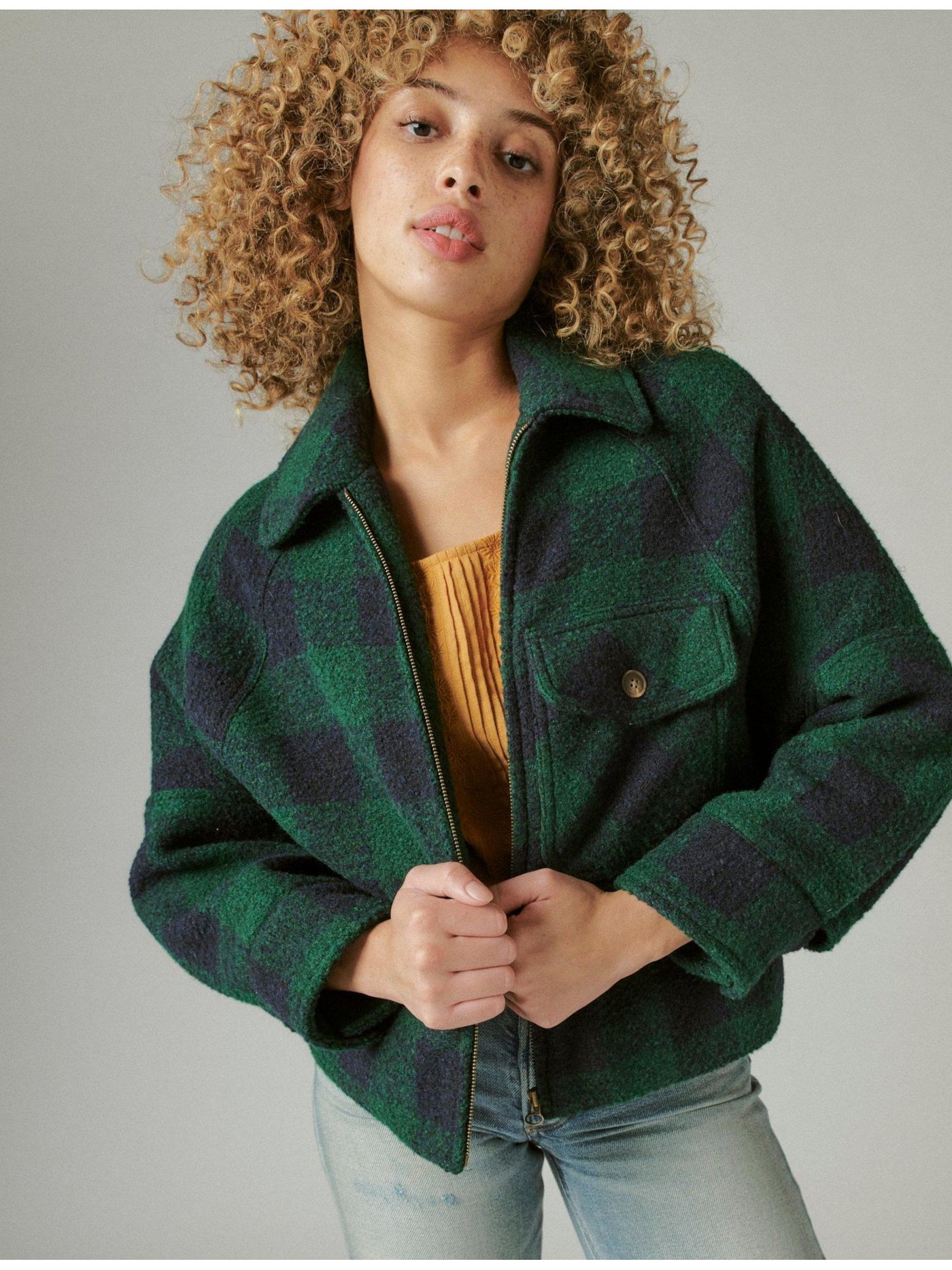 LUCKY BRAND Womens Green Pocketed Spread Collar Button Cuffs Plaid Zip Up Jacket L
