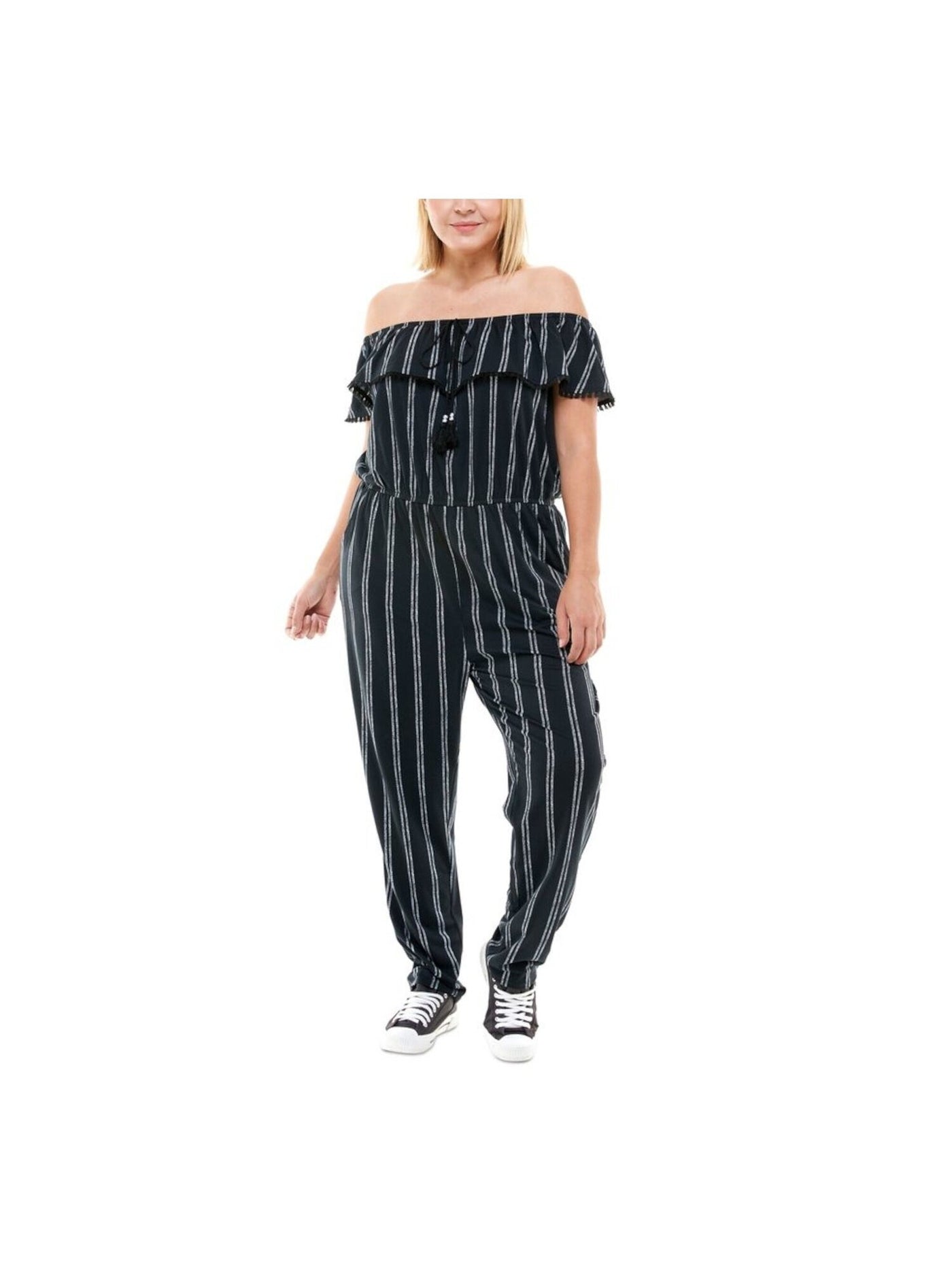 PLANET GOLD Womens Black Ruffled Tie Striped Off Shoulder Straight leg Jumpsuit XXS