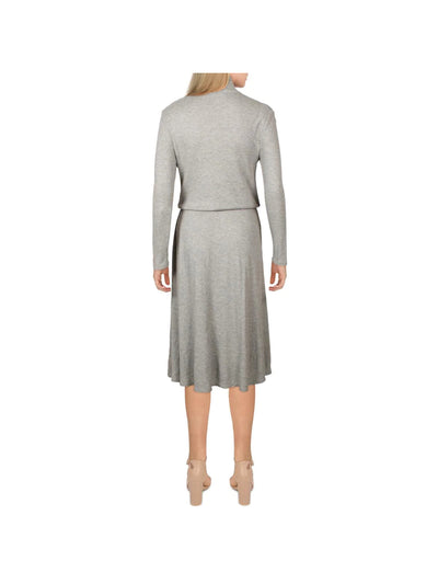 CALVIN KLEIN Womens Gray Stretch Ribbed Pocketed Drawstring Waist Heather Long Sleeve Mock Neck Below The Knee Shift Dress 4