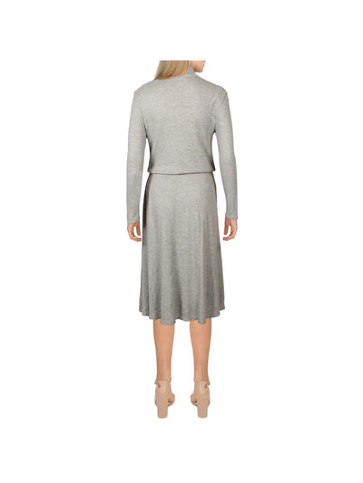 CALVIN KLEIN Womens Gray Stretch Ribbed Drawstring Waist Heather 3/4 Sleeve Mock Neck Below The Knee Wear To Work Sweater Dress 6