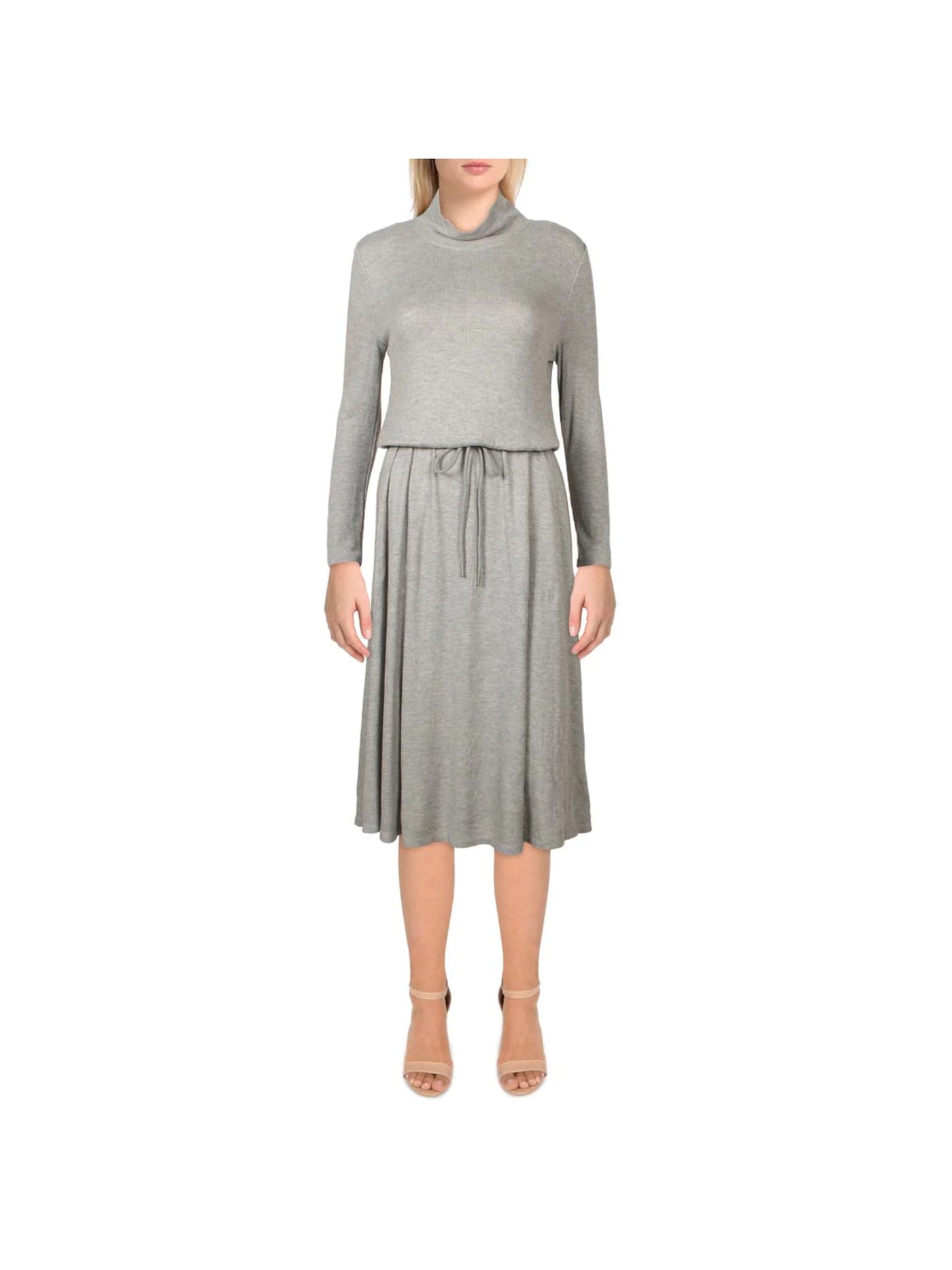 CALVIN KLEIN Womens Gray Stretch Ribbed Pocketed Drawstring Waist Heather Long Sleeve Mock Neck Below The Knee Shift Dress 4