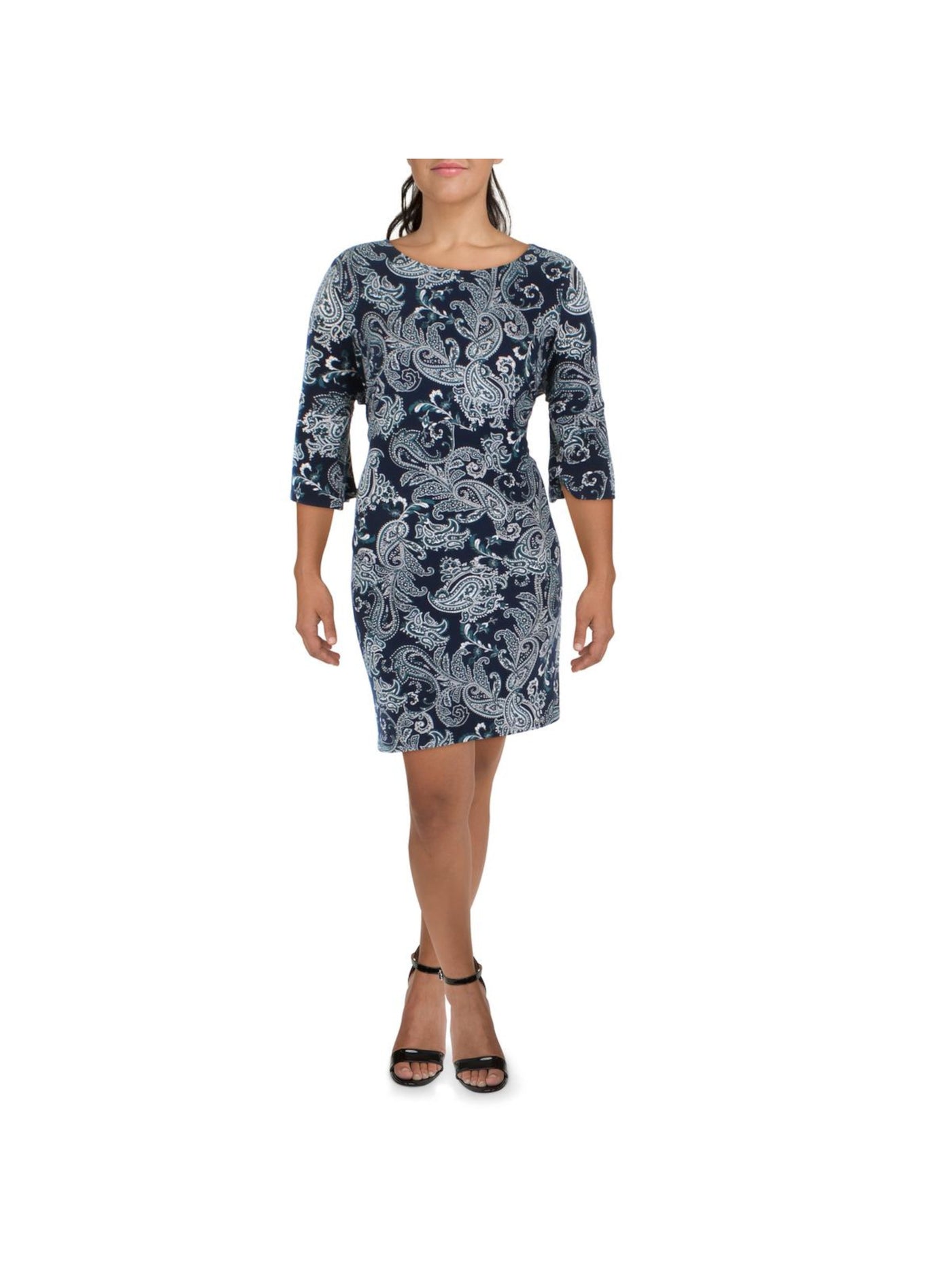 TOMMY HILFIGER Womens Navy Unlined Pullover Paisley Bell Sleeve Round Neck Above The Knee Sheath Dress Plus 22W