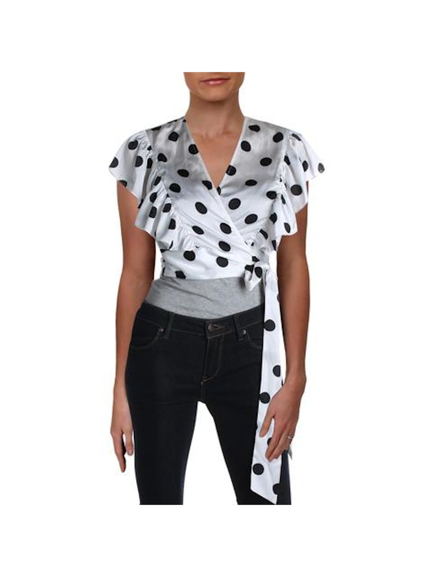 JILL STUART Womens White Belted Polka Dot Short Sleeve V Neck Top M