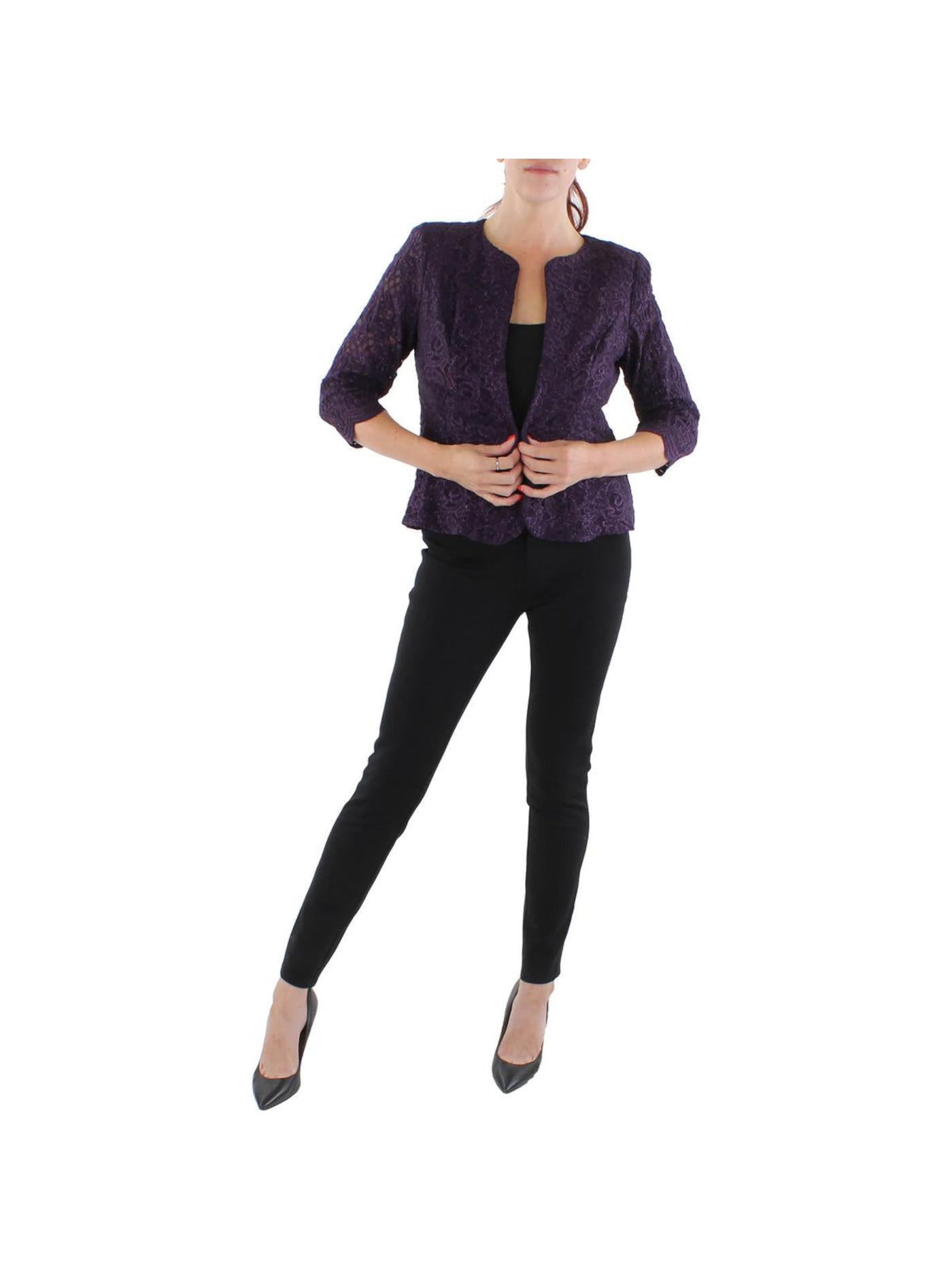 ALEX EVENINGS Womens Purple Lined Shoulder Pads 3/4 Sleeve Open Front Party Cardigan 8
