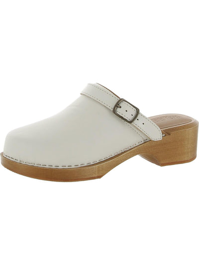 REDONE Womens White Optional Ankle Strap With Buckle Padded 70s Classic Round Toe Block Heel Slip On Leather Clogs Shoes 40