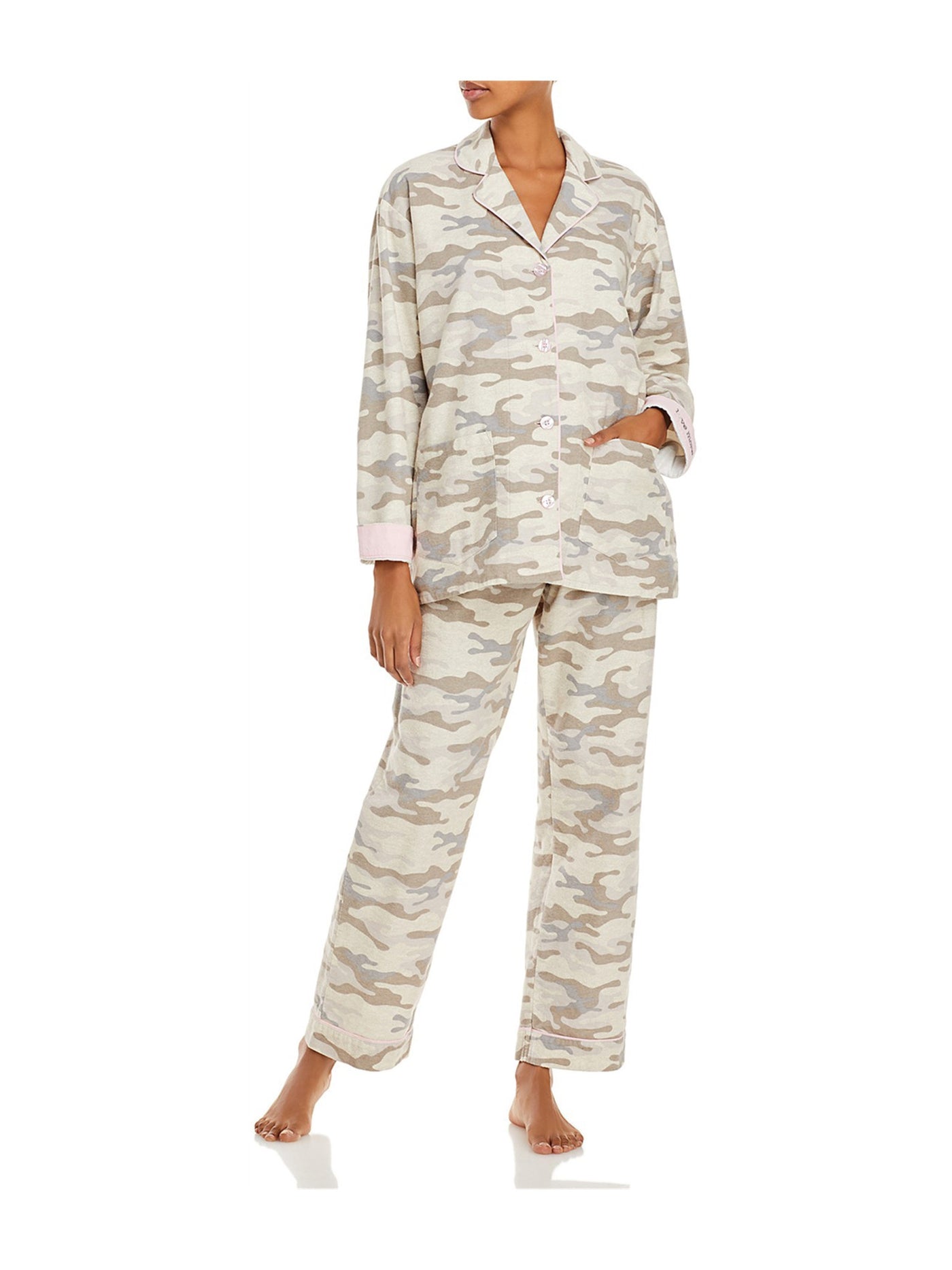 P.J.SALVAGE Womens Beige Camouflage Pocketed Long Sleeve Button Up Top Straight leg Pants Pajamas XS