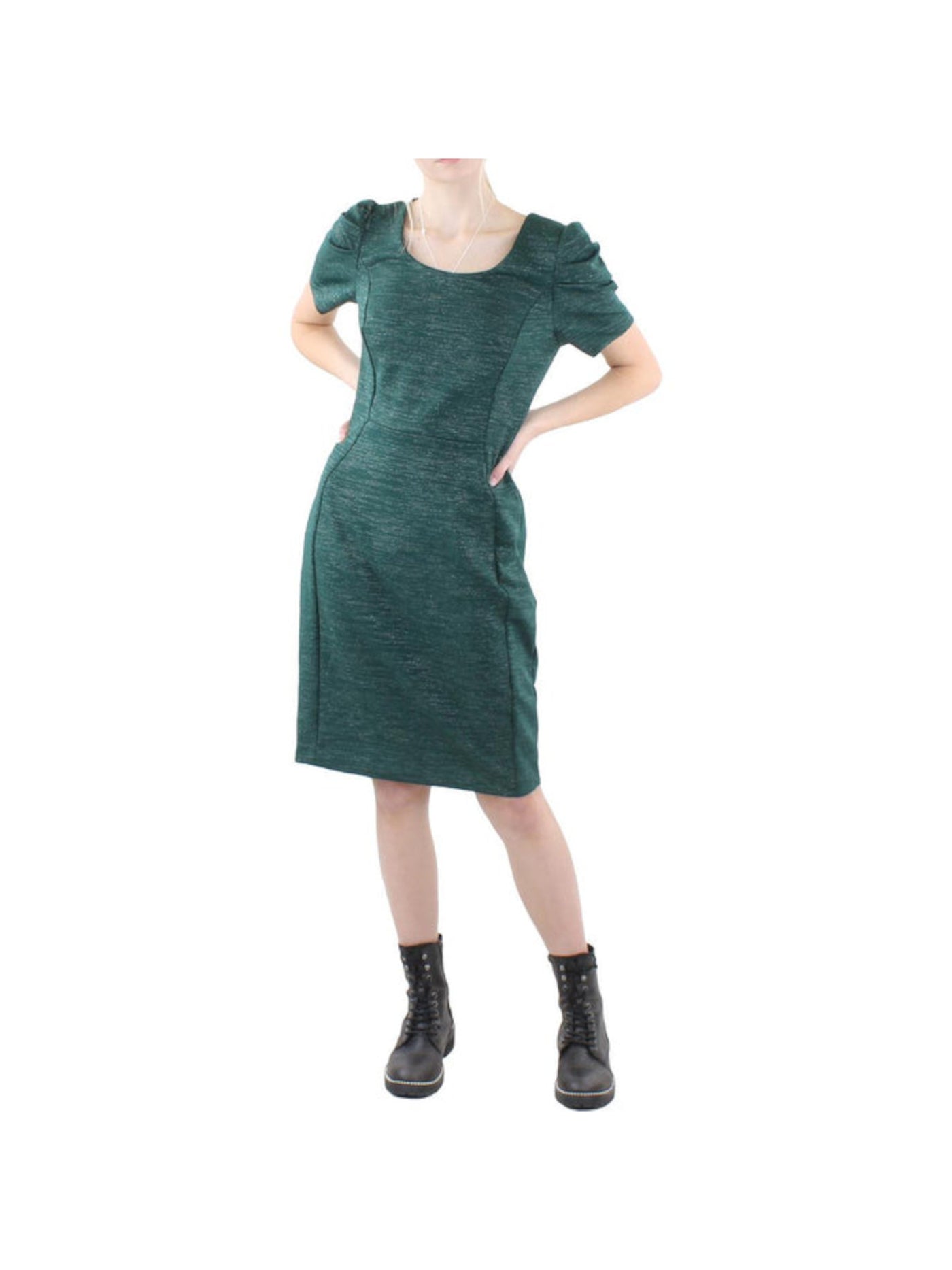 CALVIN KLEIN Womens Green Glitter Zippered Pleated Pouf Sleeve Scoop Neck Knee Length Evening Sheath Dress 8
