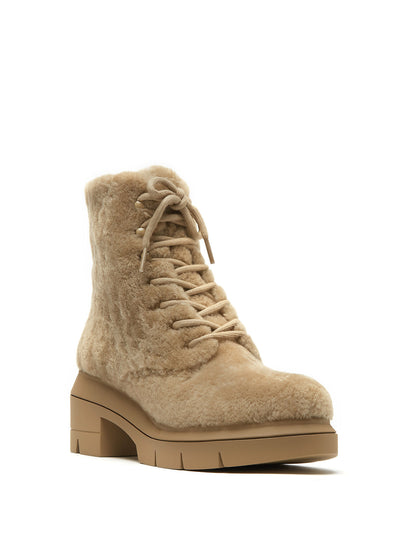 STUART WEITZMAN Womens Beige 1" Platform Lug Sole Treaded Chill Round Toe Lace-Up Leather Booties 9 C