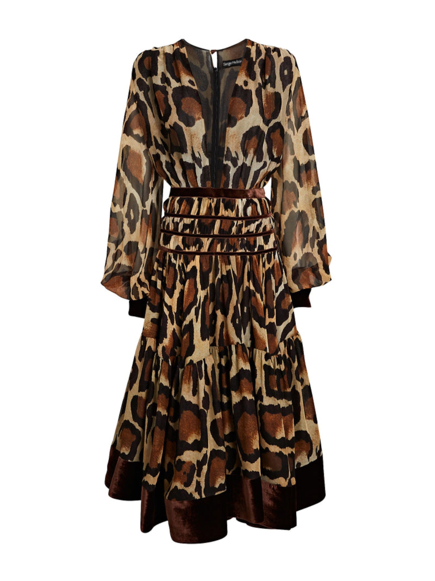 SERGIO HUDSON Womens Brown Zippered Sheer Lined Gathered Animal Print Cuffed Sleeve V Neck Midi Cocktail Fit + Flare Dress 2