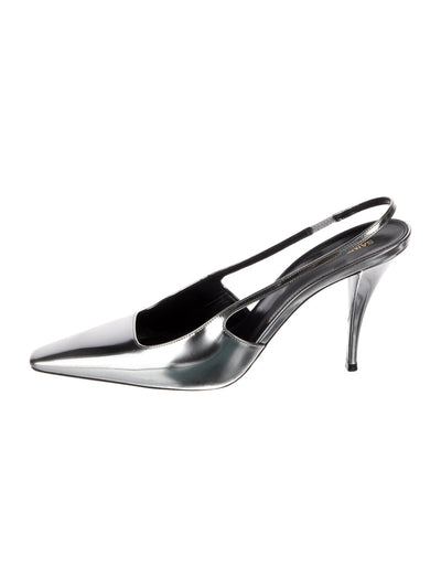 SAINT LAURENT Womens Silver Pump Goring Padded Blade Square Toe Stiletto Slip On Leather Dress Slingback 38.5