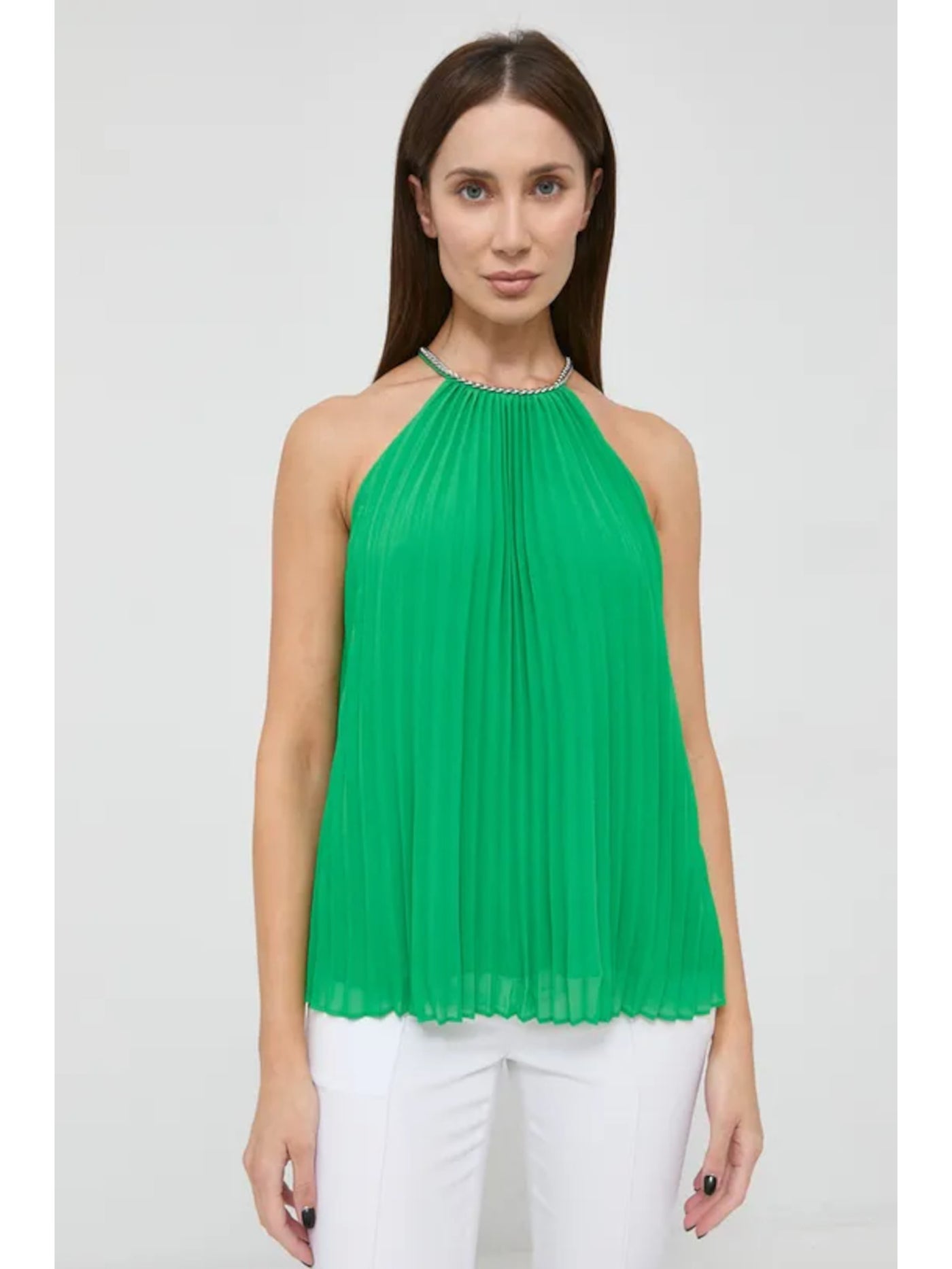 MICHAEL MICHAEL KORS Womens Green Pleated Lined Chain Detail Sheer Sleeveless Halter Cocktail Top L