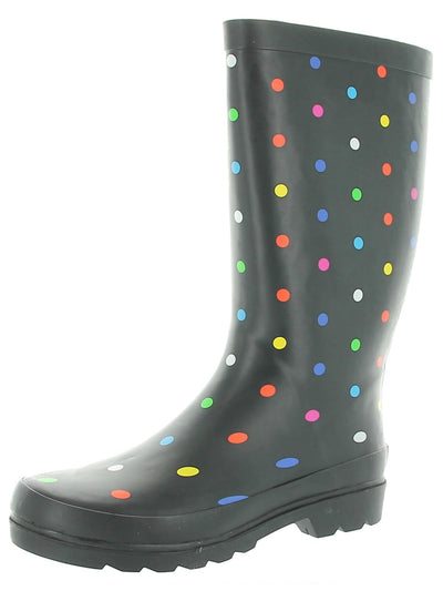 SUGAR Womens Black Polka Dot 1/2" Platform Raffle Round Toe Block Heel Rain Boots 9 M