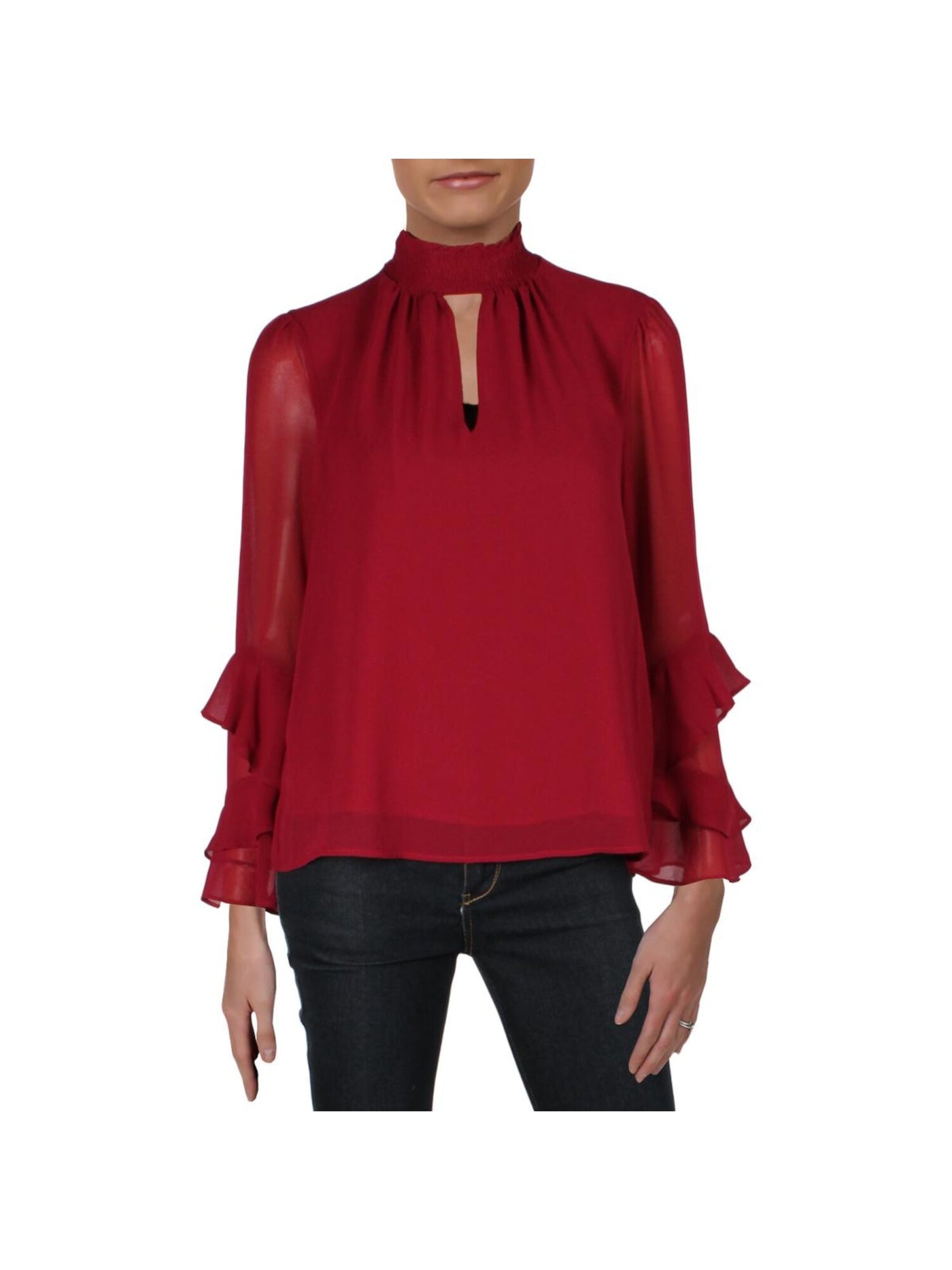 1. STATE Womens Red Sheer Long Sleeve Mock Neck Wear To Work Top XS