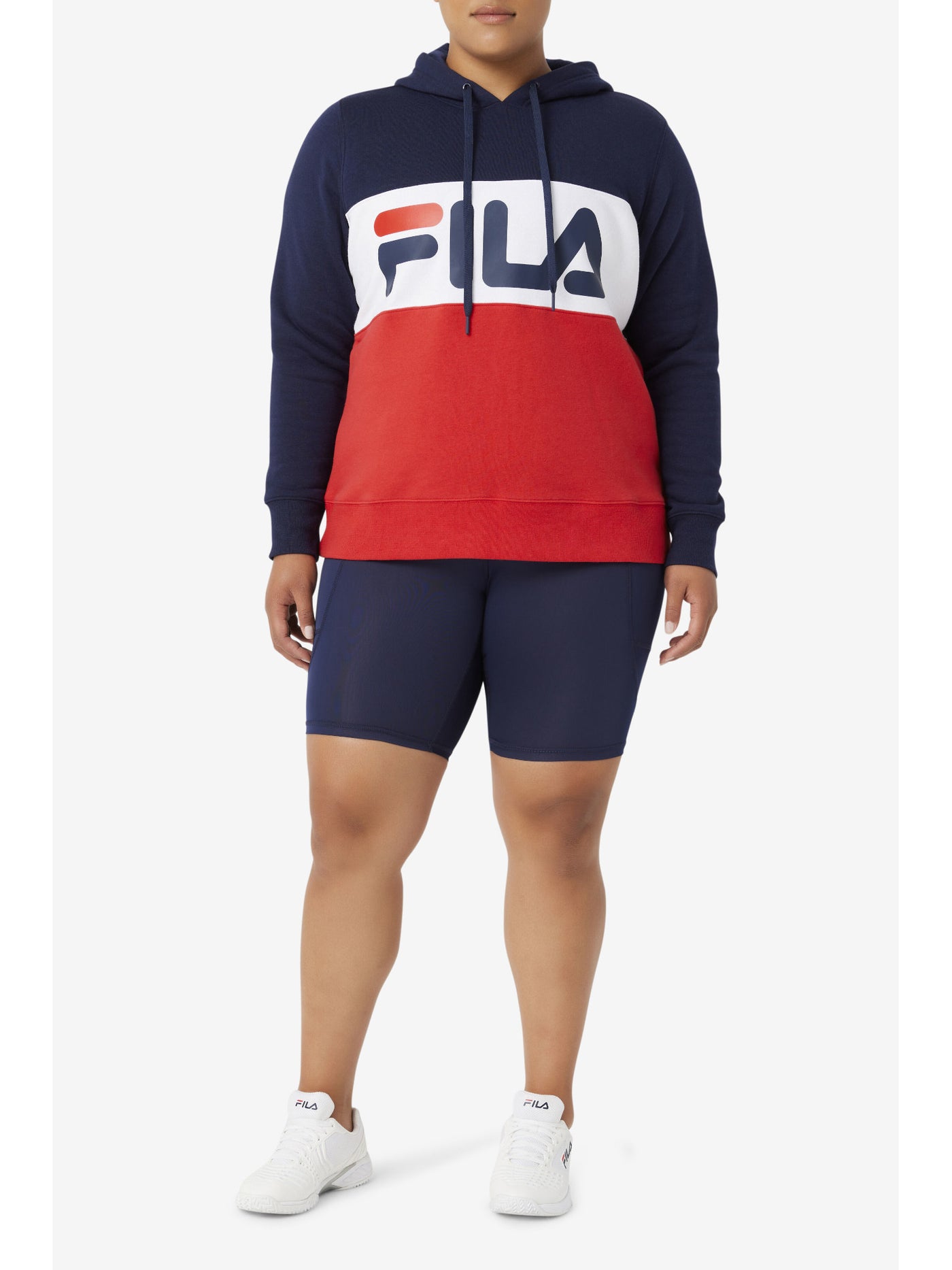 FILA Womens Navy Pocketed Ribbed Pullover Unlined Logo Graphic Long Sleeve Hoodie Top Plus 4X