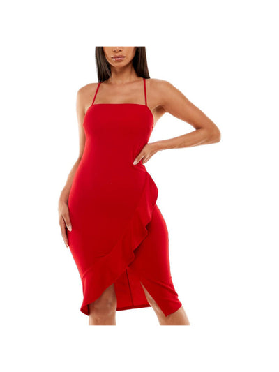 CRYSTAL DOLLS Womens Red Ruffled Slitted Strappy Scuba Crepe Spaghetti Strap Square Neck Below The Knee Party Sheath Dress 9