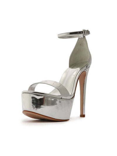 SCHUTZ Womens Silver Ankle Strap Padded Cadey-lee Open Toe Stiletto Buckle Leather Dress Heeled Sandal 7 B