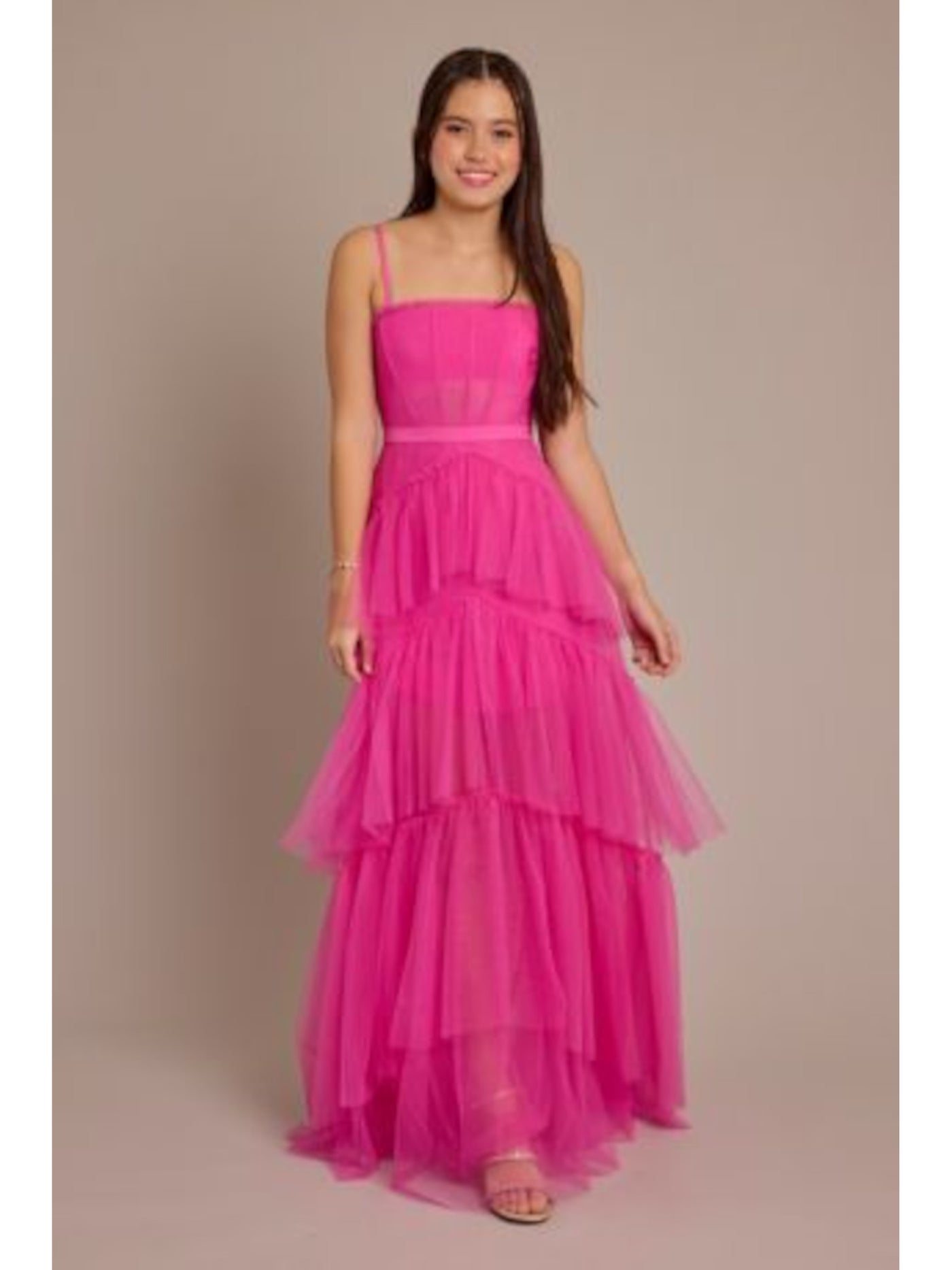 BETSY & ADAM Womens Pink Mesh Zippered Lined Corset-style Bodice Tiered Skirt Spaghetti Strap Square Neck Full-Length Prom Gown Dress 8