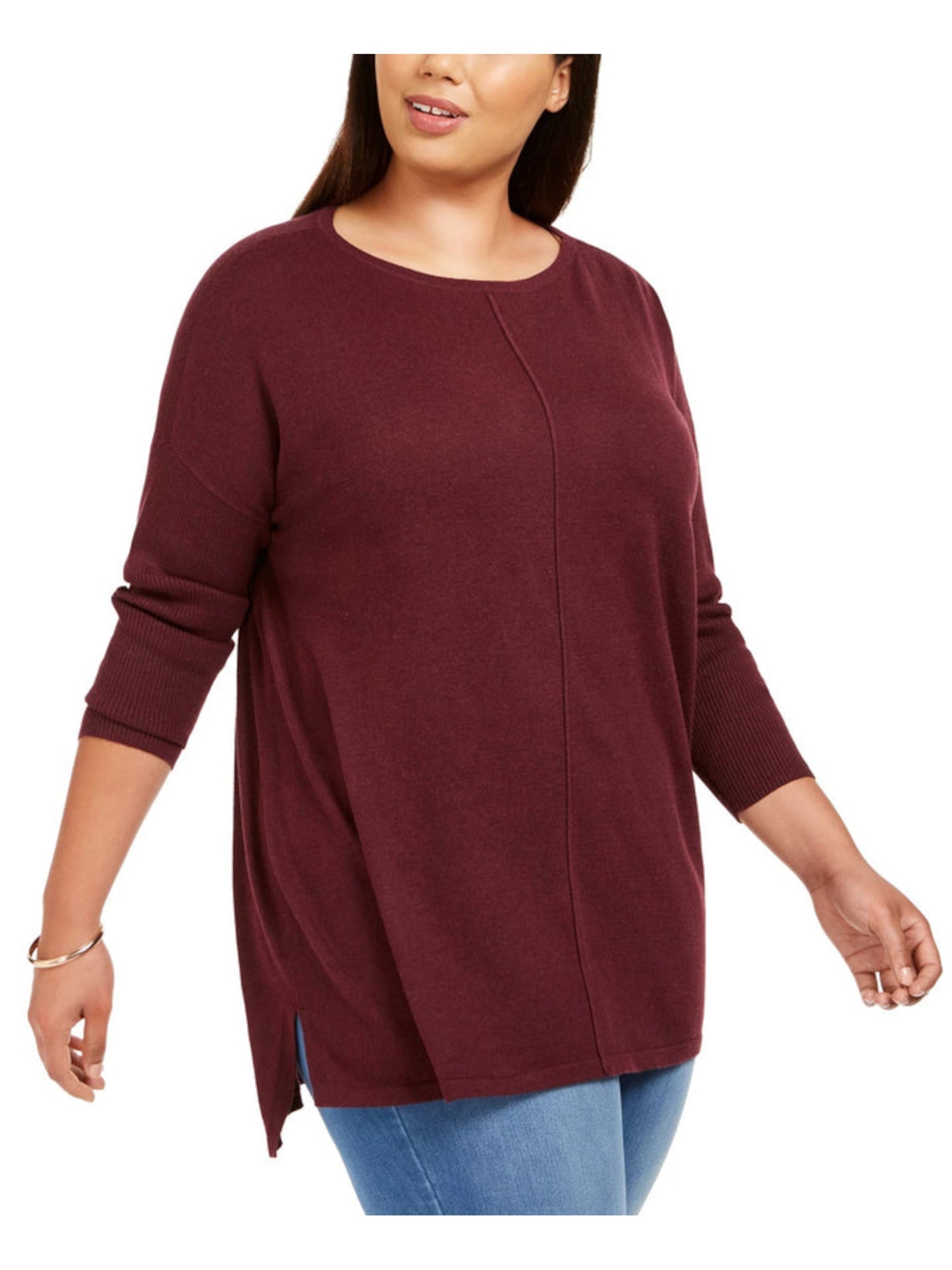 STYLE & COMPANY Womens Maroon Ribbed Slitted Seam-front Long Sleeve Boat Neck Tunic Sweater Plus 0X
