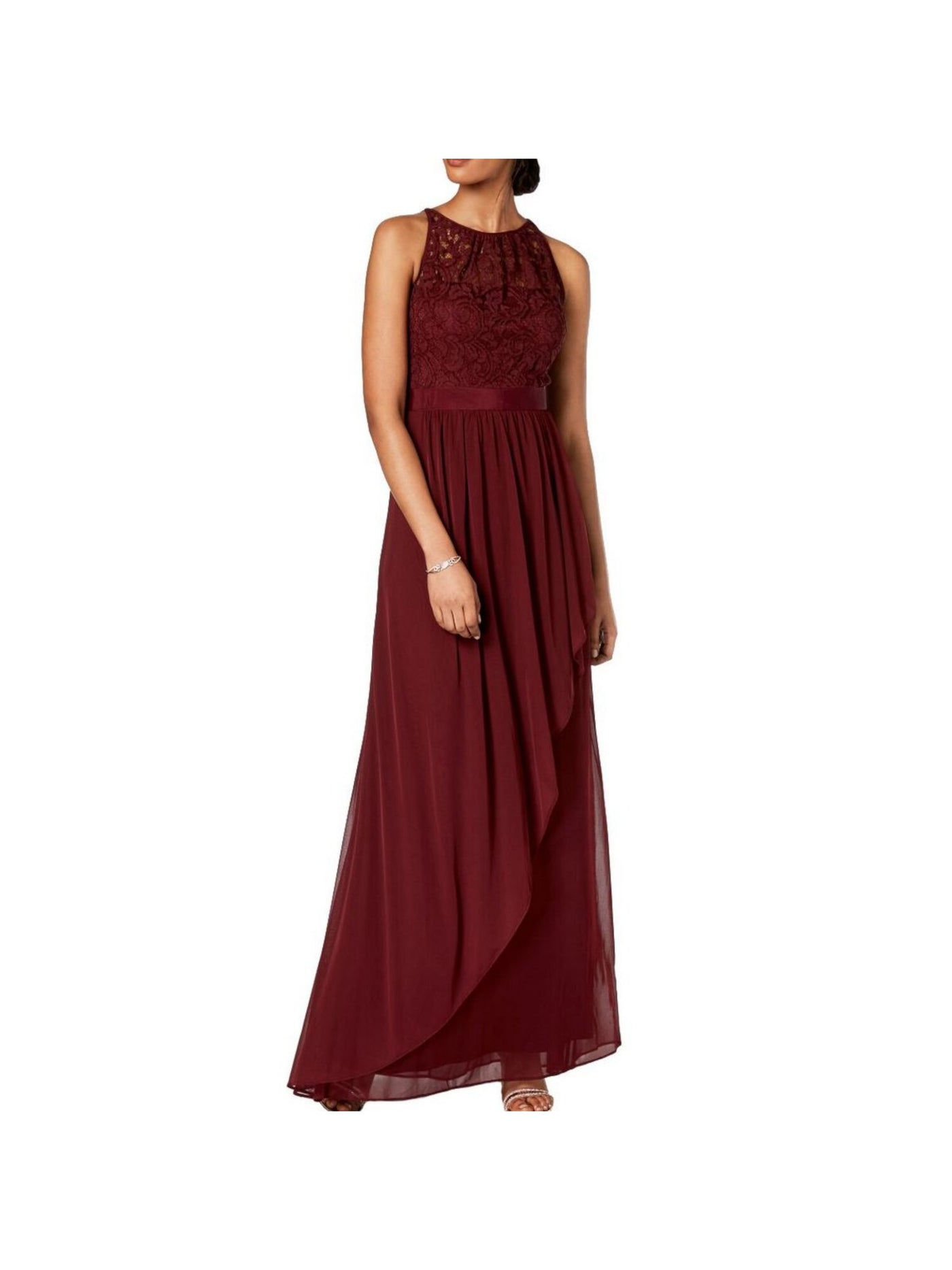 ADRIANNA PAPELL Womens Maroon Lace Zippered Sleeveless Illusion Neckline Full-Length Formal Layered Dress 8