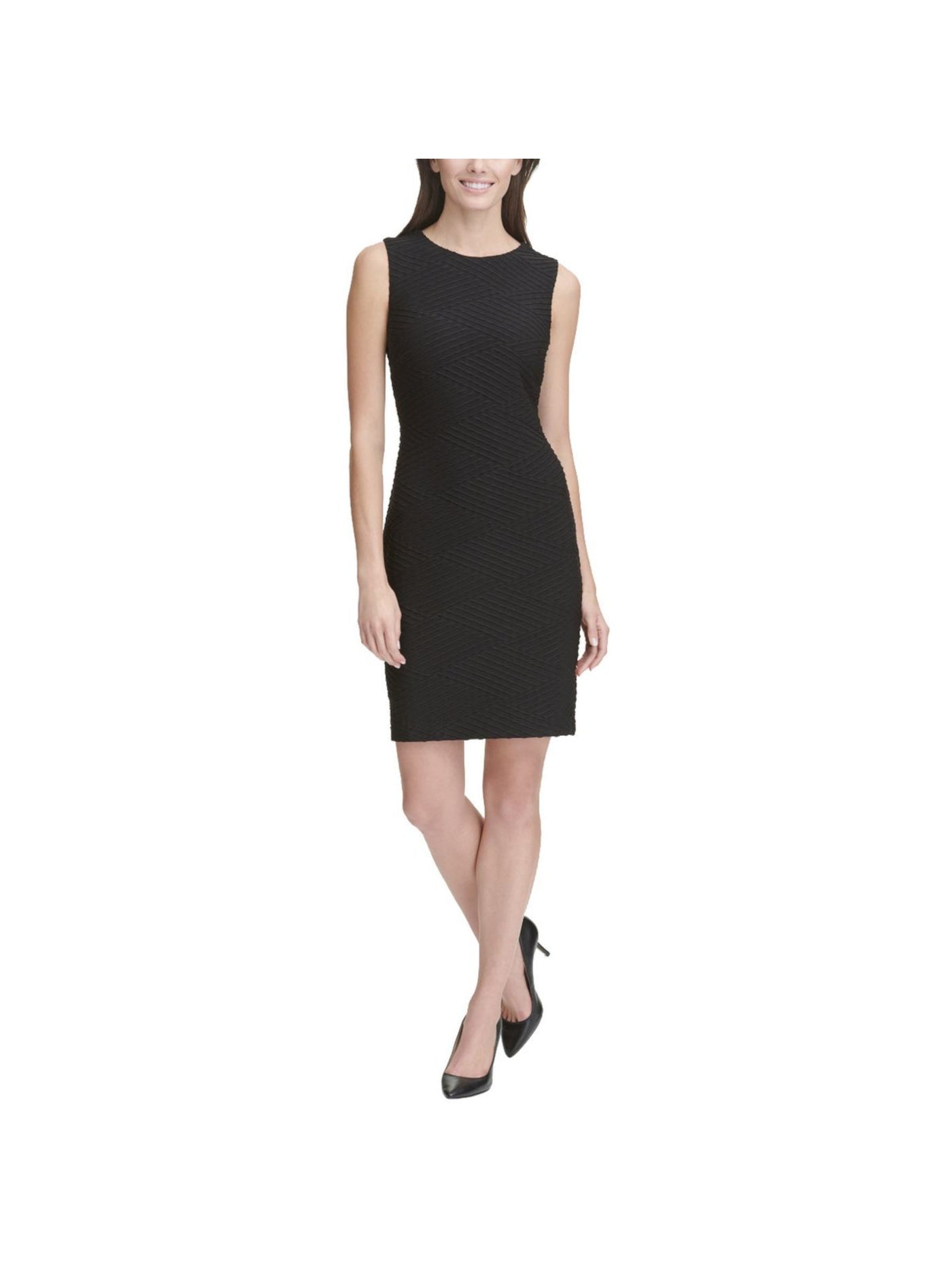 TOMMY HILFIGER Womens Black Stretch Zippered Textured Lined Sleeveless Jewel Neck Above The Knee Cocktail Sheath Dress 16