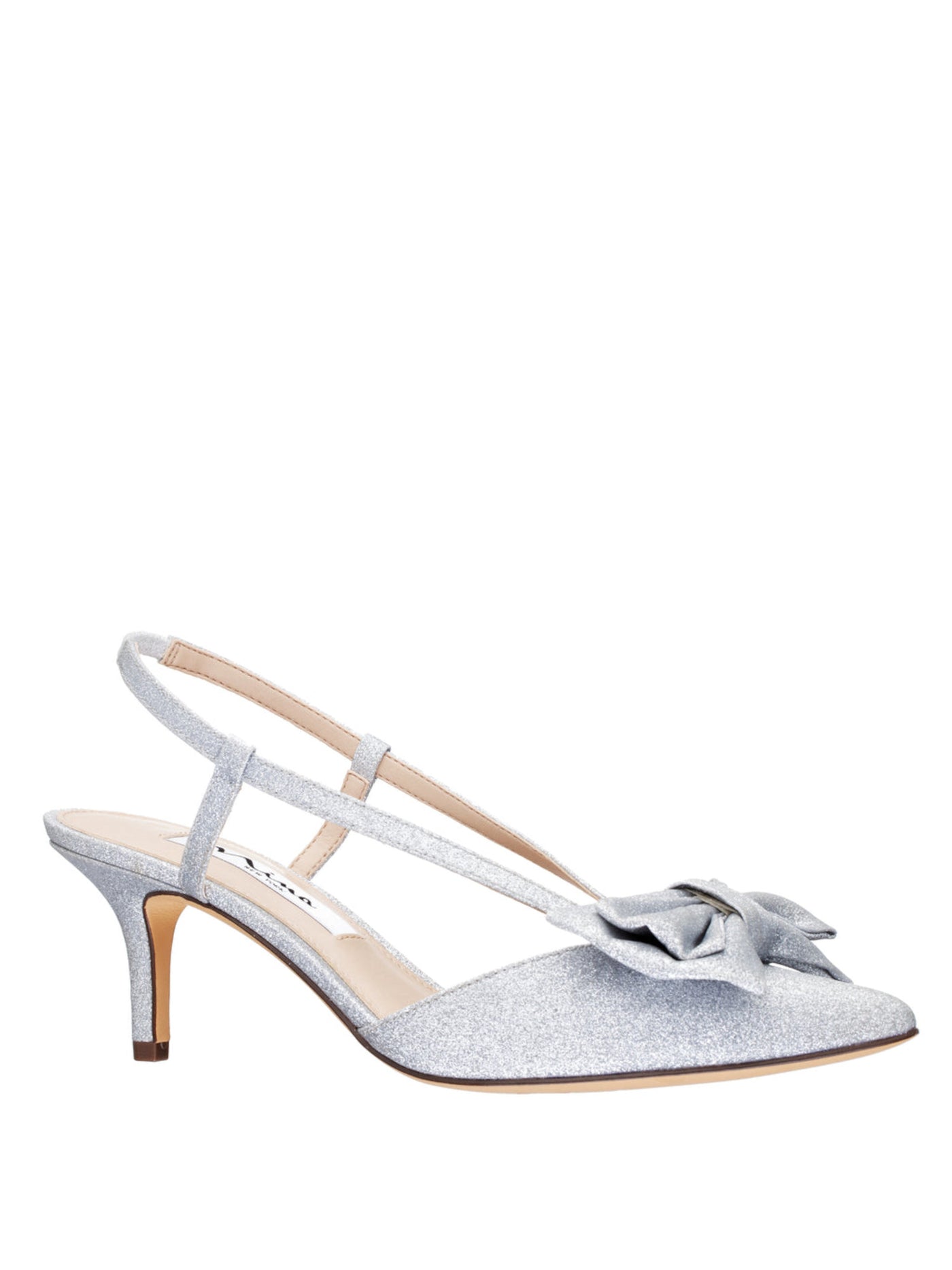 NINA NEW YORK Womens Silver Bow Accent Glitter Teddy Pointed Toe Kitten Heel Slip On Dress Pumps Shoes 11 M