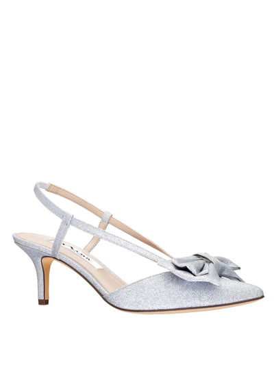 NINA NEW YORK Womens Silver Bow Accent Glitter Teddy Pointed Toe Kitten Heel Slip On Dress Pumps Shoes 11 M