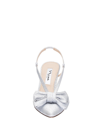 NINA NEW YORK Womens Silver Bow Accent Glitter Teddy Pointed Toe Kitten Heel Slip On Dress Pumps Shoes 11 M