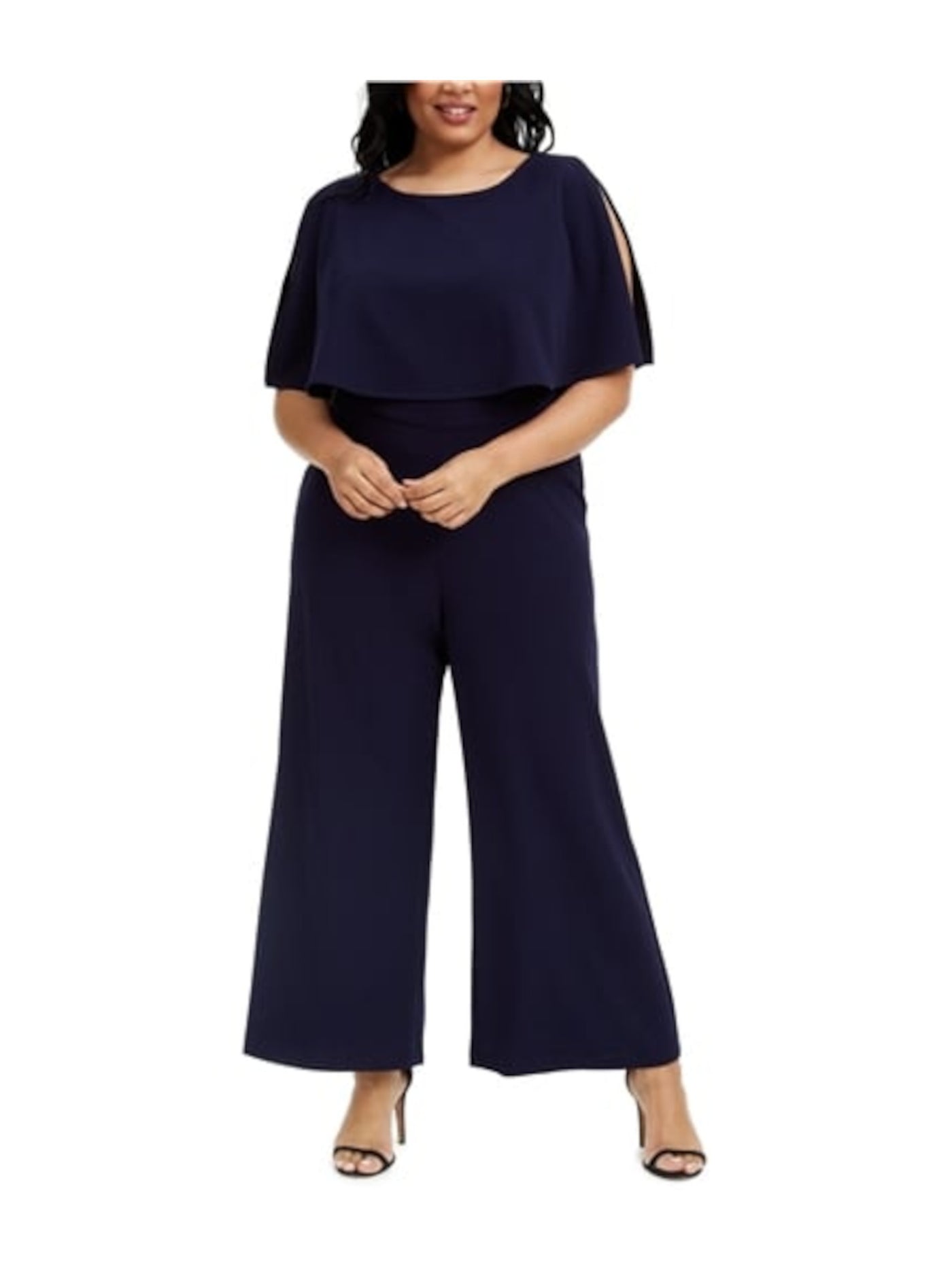 CONNECTED APPAREL Womens Navy Zippered Popover Split Sleeve Round Neck Wide Leg Jumpsuit Plus 18W