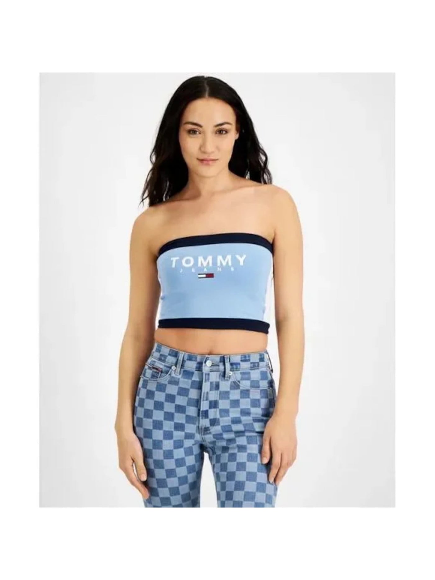 TOMMY JEANS Womens Light Blue Color Block Sleeveless Off Shoulder Crop Top XL
