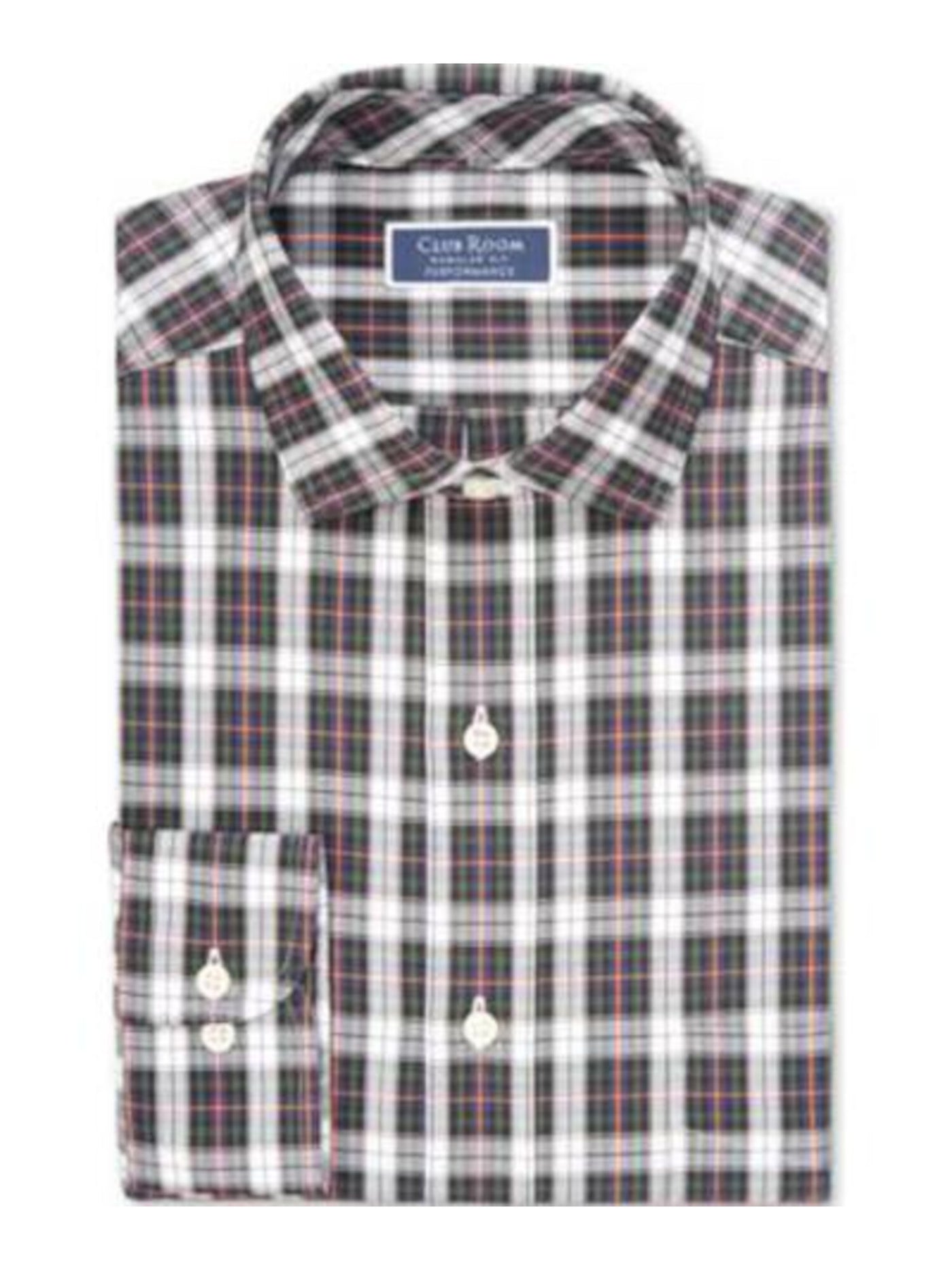 CLUBROOM Mens White Easy Care, Tartan Plaid Collared Classic Fit Cotton Dress Shirt 17- 32/33